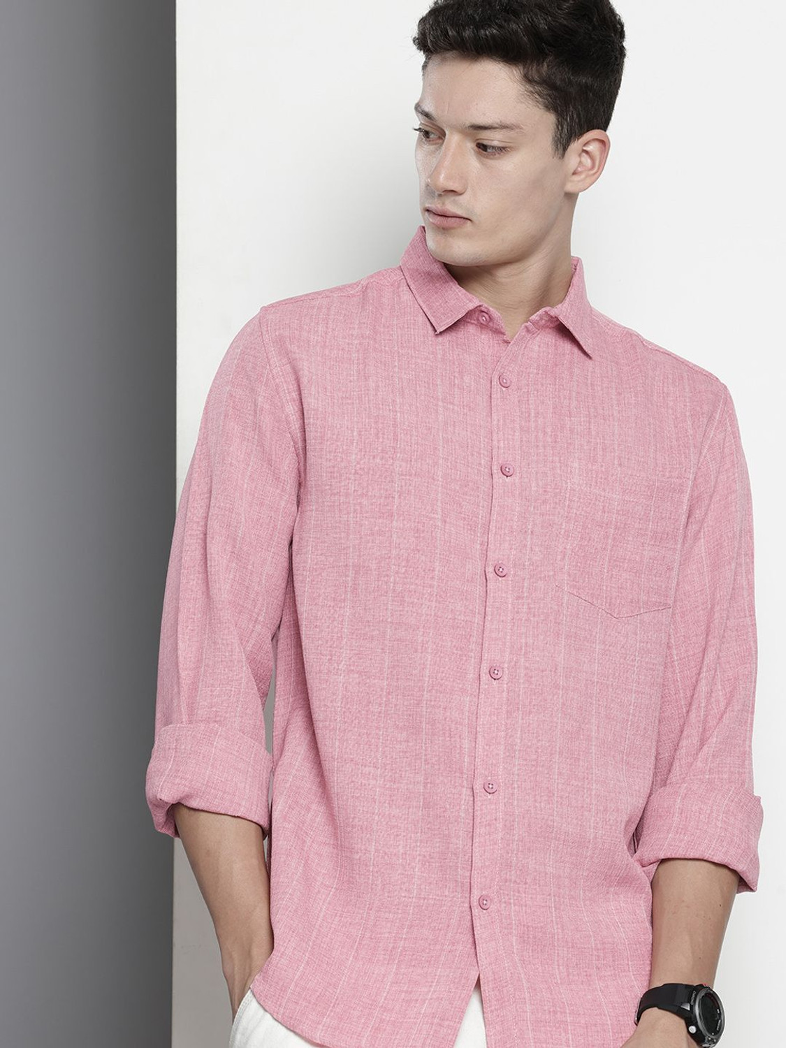 Image of The Indian Garage Co. Men Striped Casual Pink Shirt