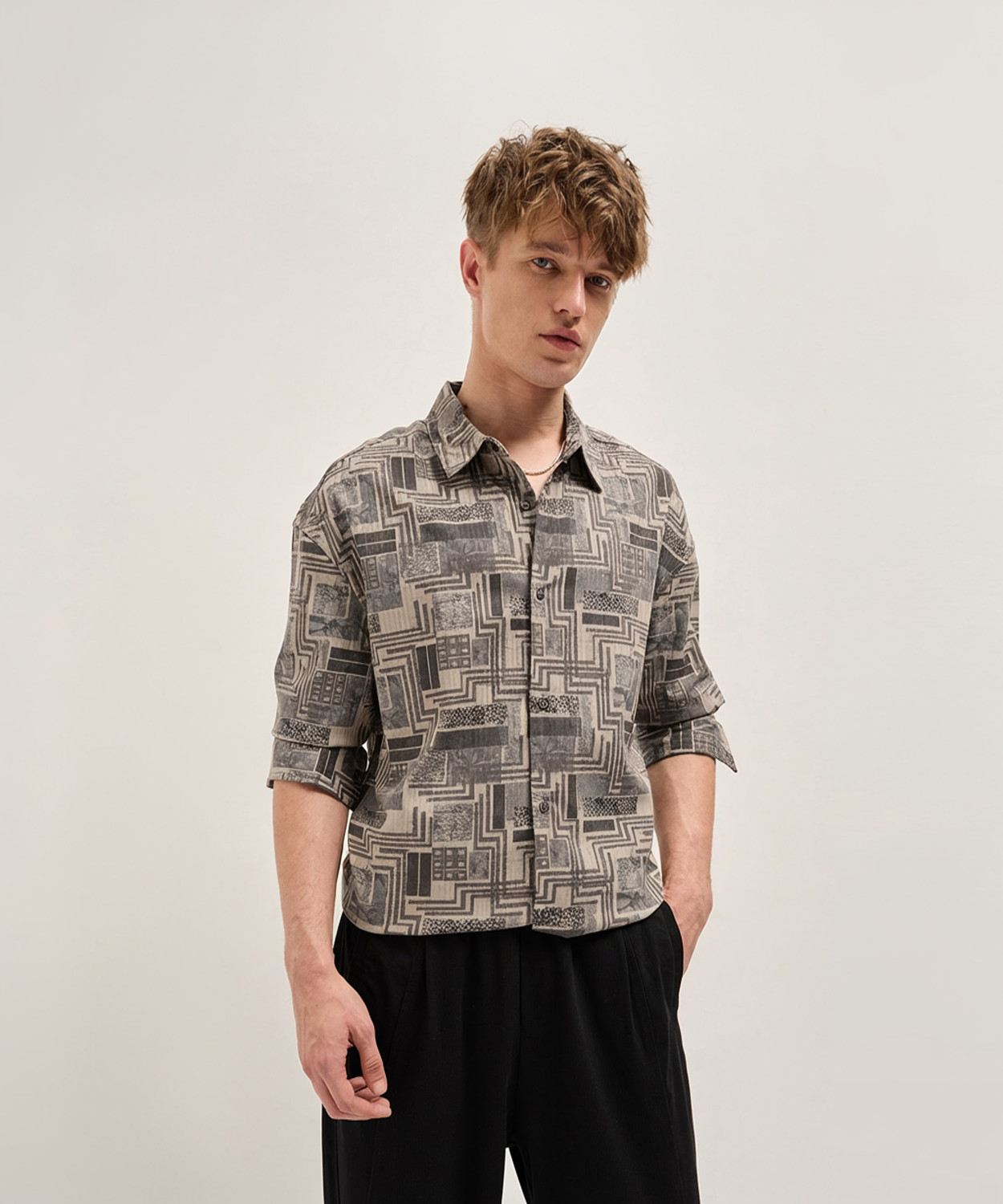 Image of THE BEAR HOUSE Men Printed Casual Beige Shirt