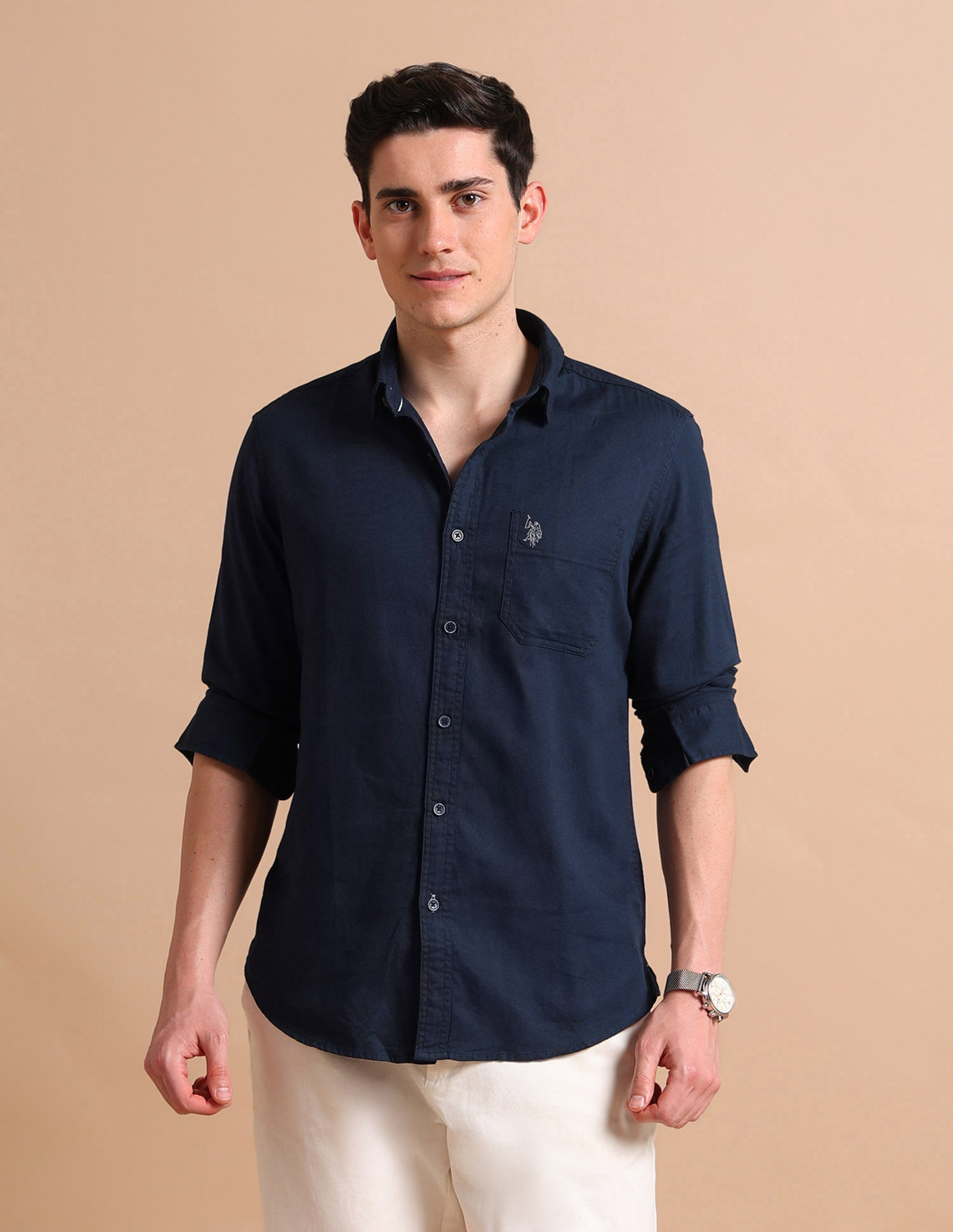 Image of U.S. Polo Assn. Denim Co. Men Solid Casual Dark Blue Shirt