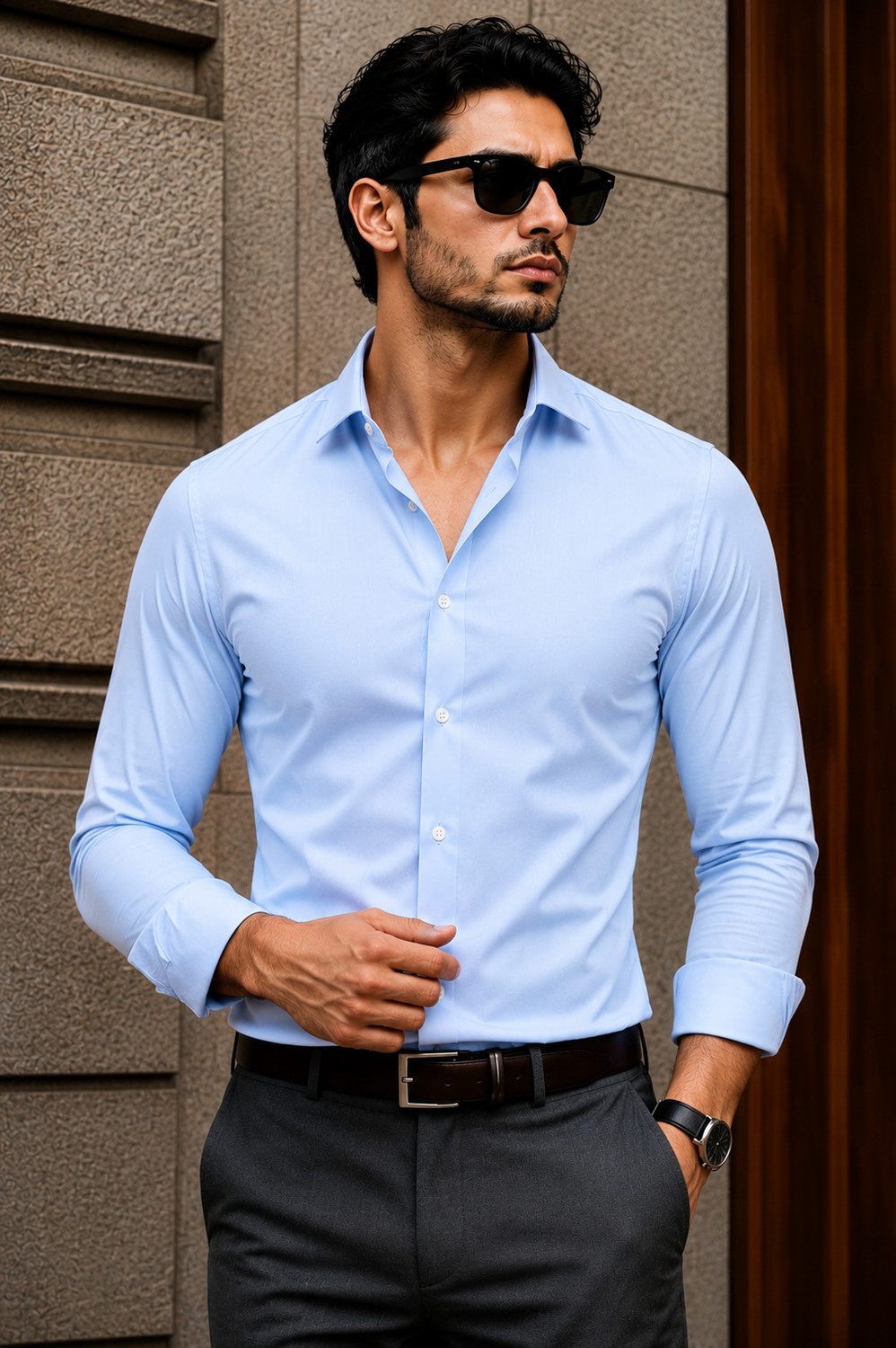 Image of BROCON Men Solid Casual Light Blue Shirt