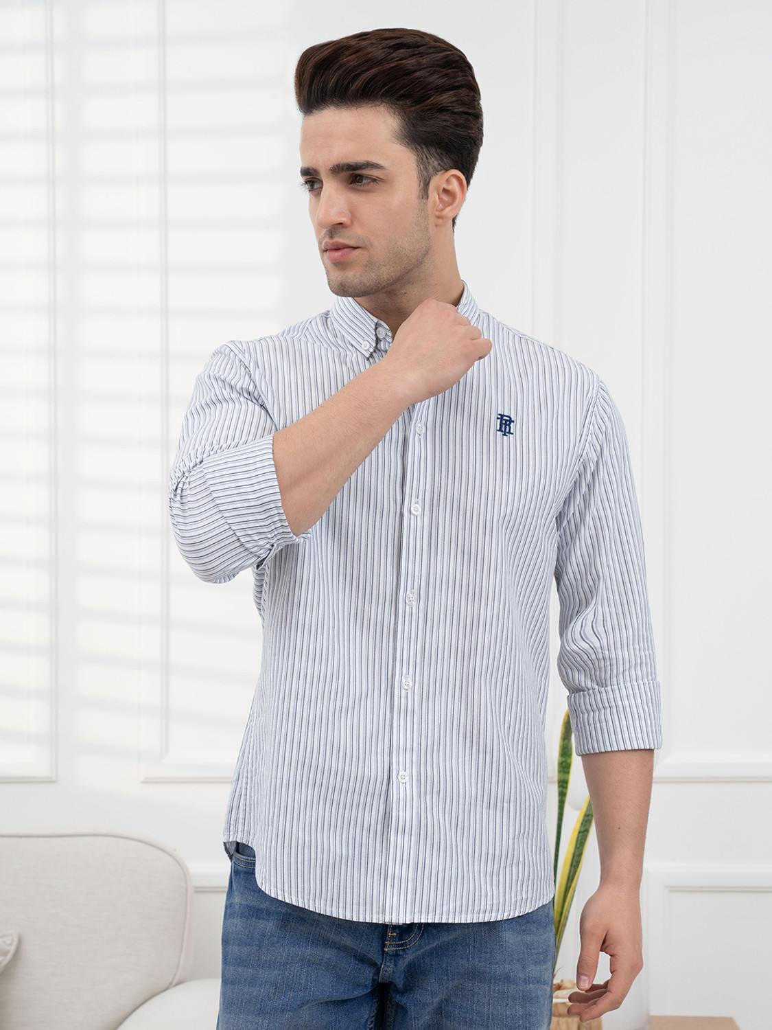 Image of RED TAPE Men Striped Casual Dark Blue Shirt