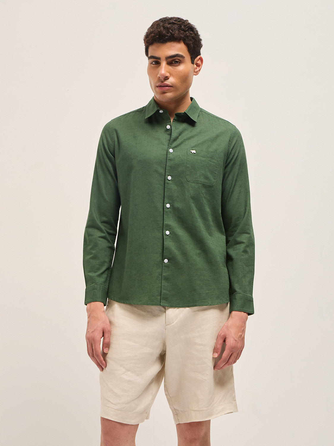 Image of THE BEAR HOUSE Men Solid Casual Light Green Shirt