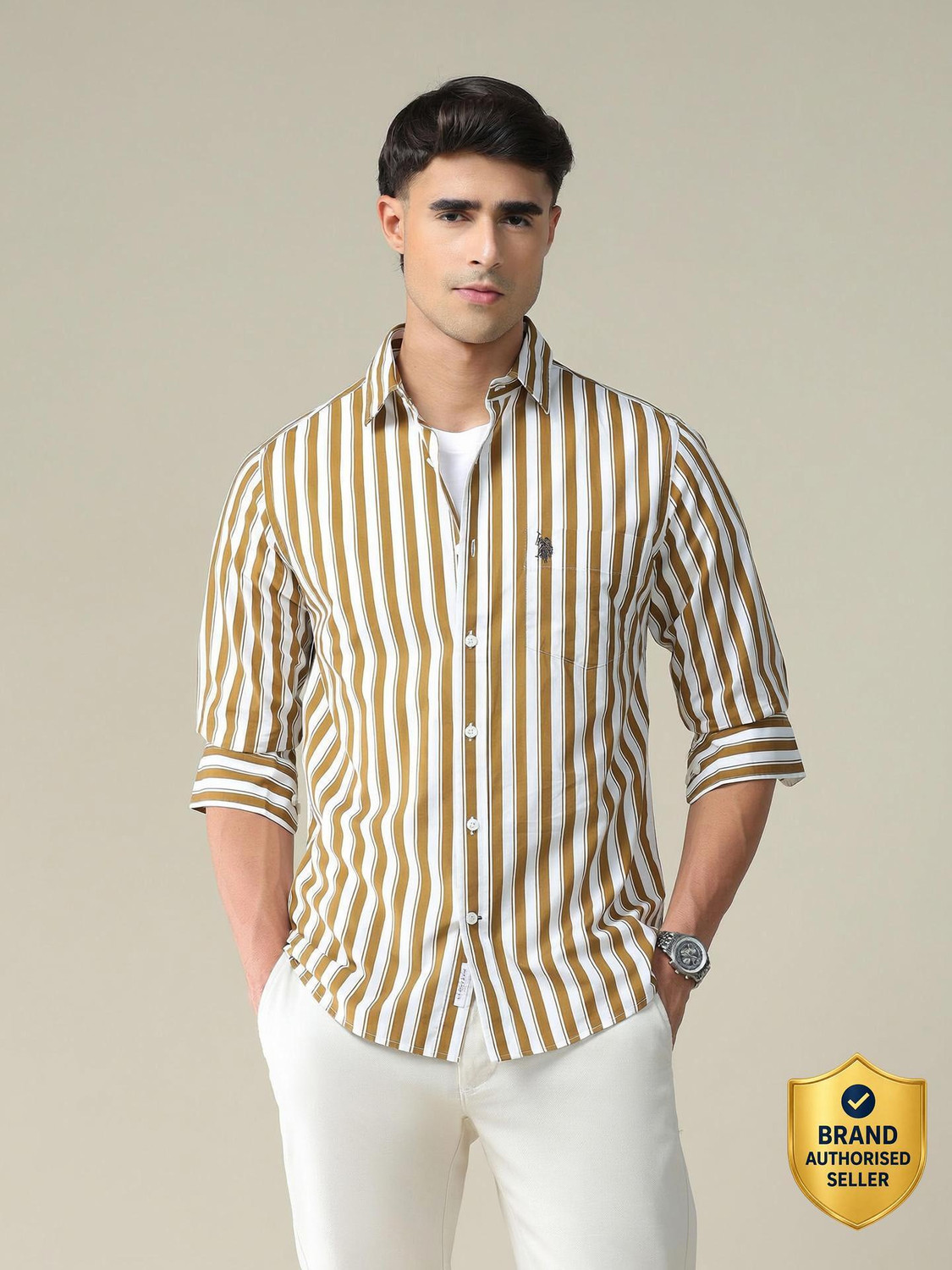 Image of U.S. POLO ASSN. Men Striped Casual Yellow Shirt