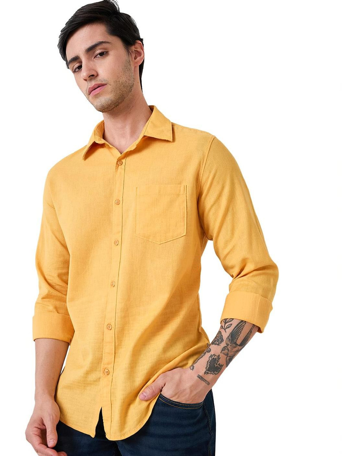 Image of Spykar Men Solid Casual Yellow Shirt