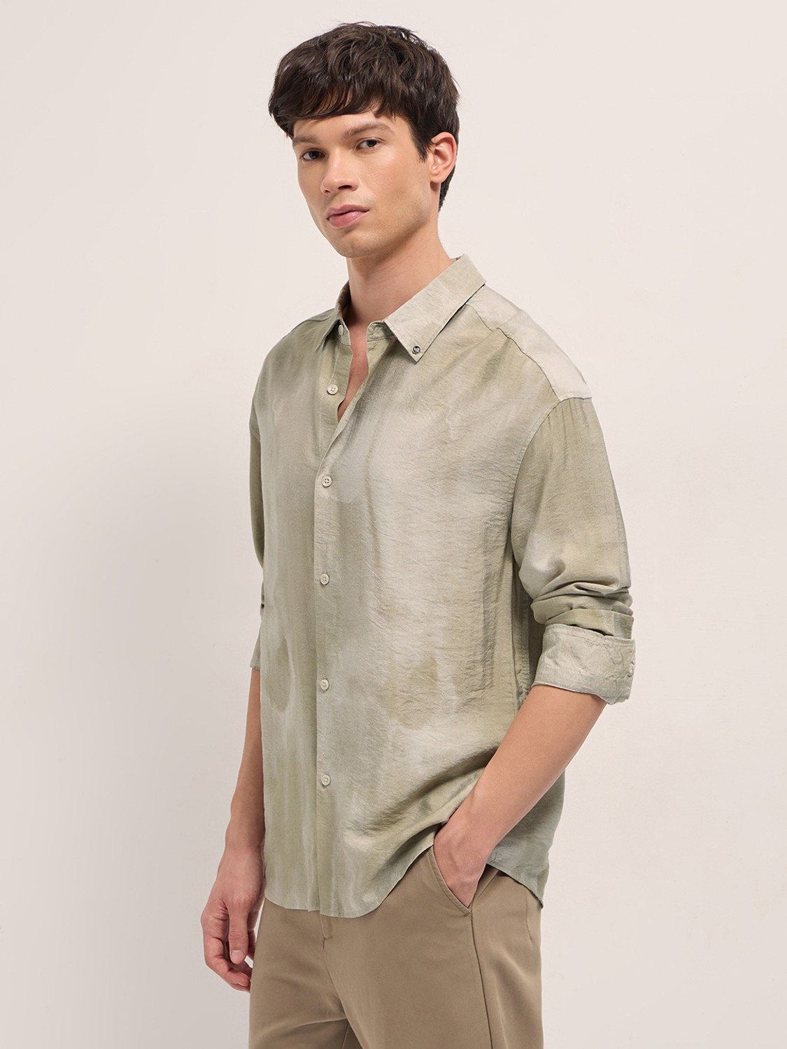 Image of THE BEAR HOUSE Men Solid Casual Cream Shirt