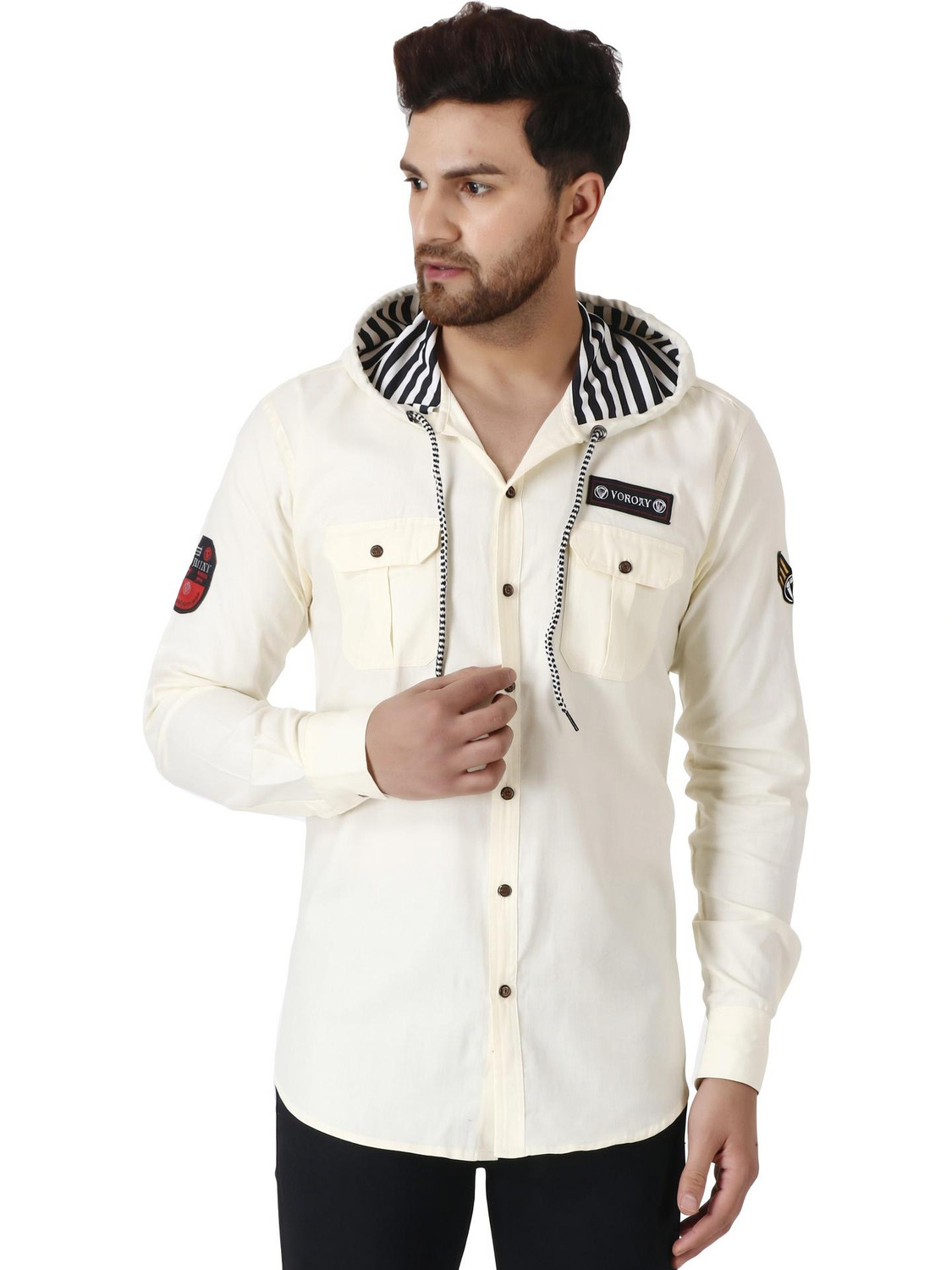 Image of Voroxy Men Solid Casual Cream Shirt