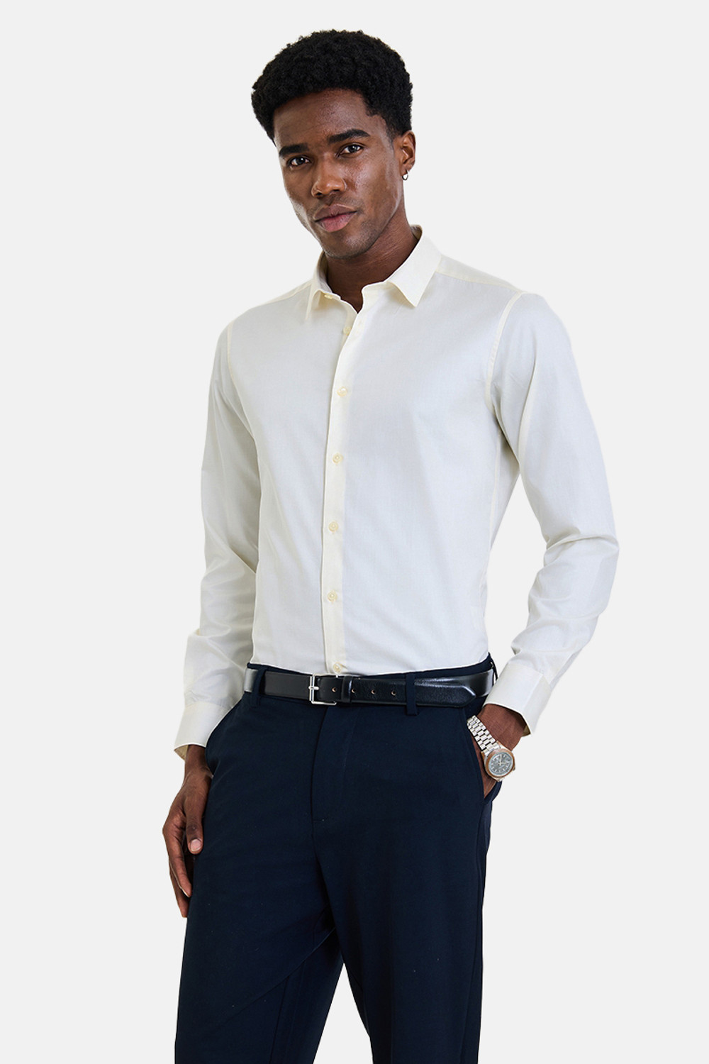 Snitch Men Solid Formal Cream Shirt