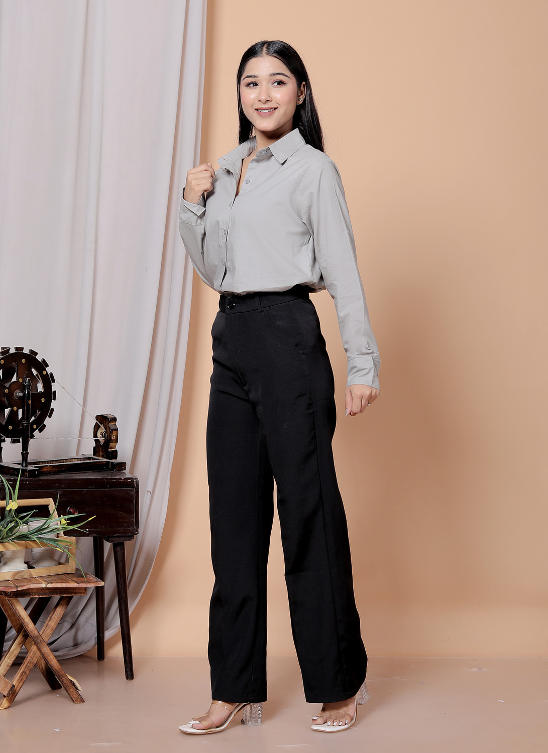 Image of D ATTIRES Women Solid Formal Grey Shirt