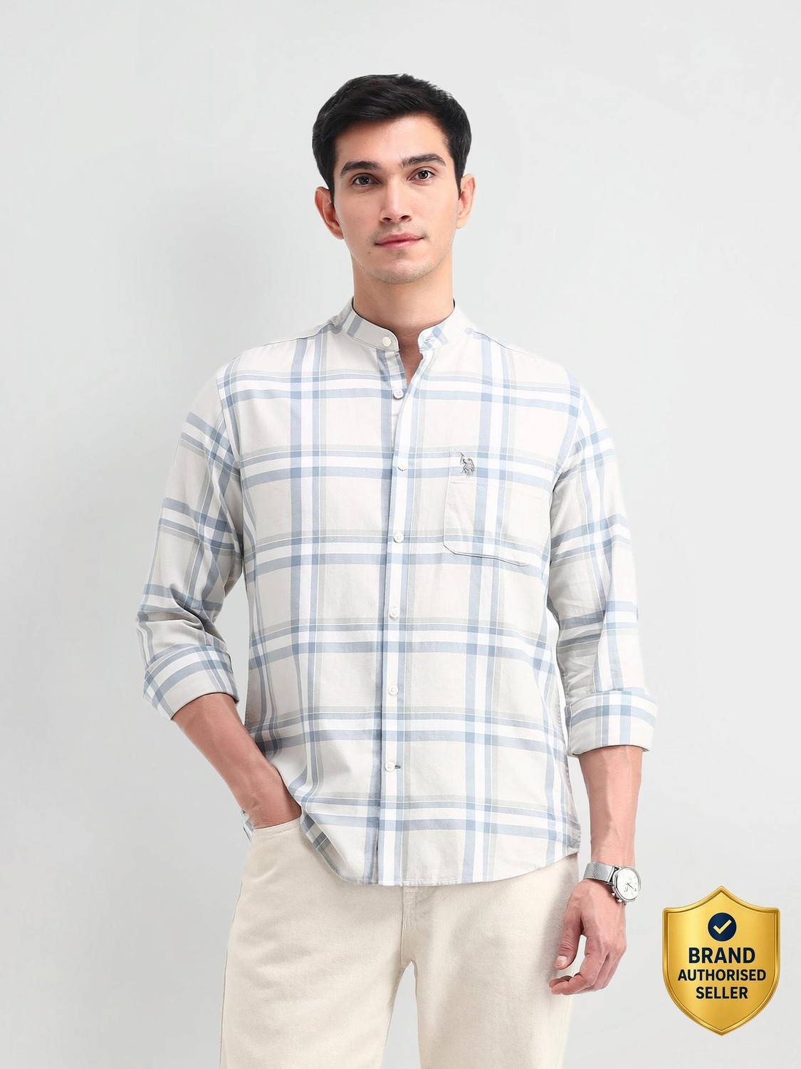 Image of U.S. POLO ASSN. Men Checkered Casual Beige Shirt