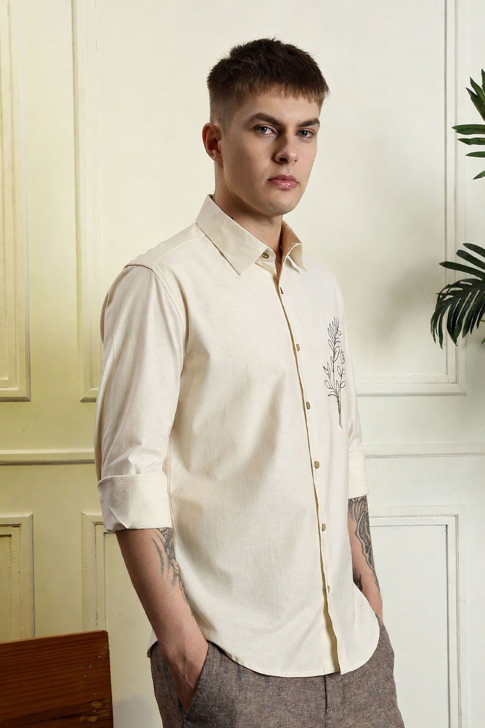 Image of COMBRAIDED Men Slim Fit Embroidered Spread Collar Formal Shirt