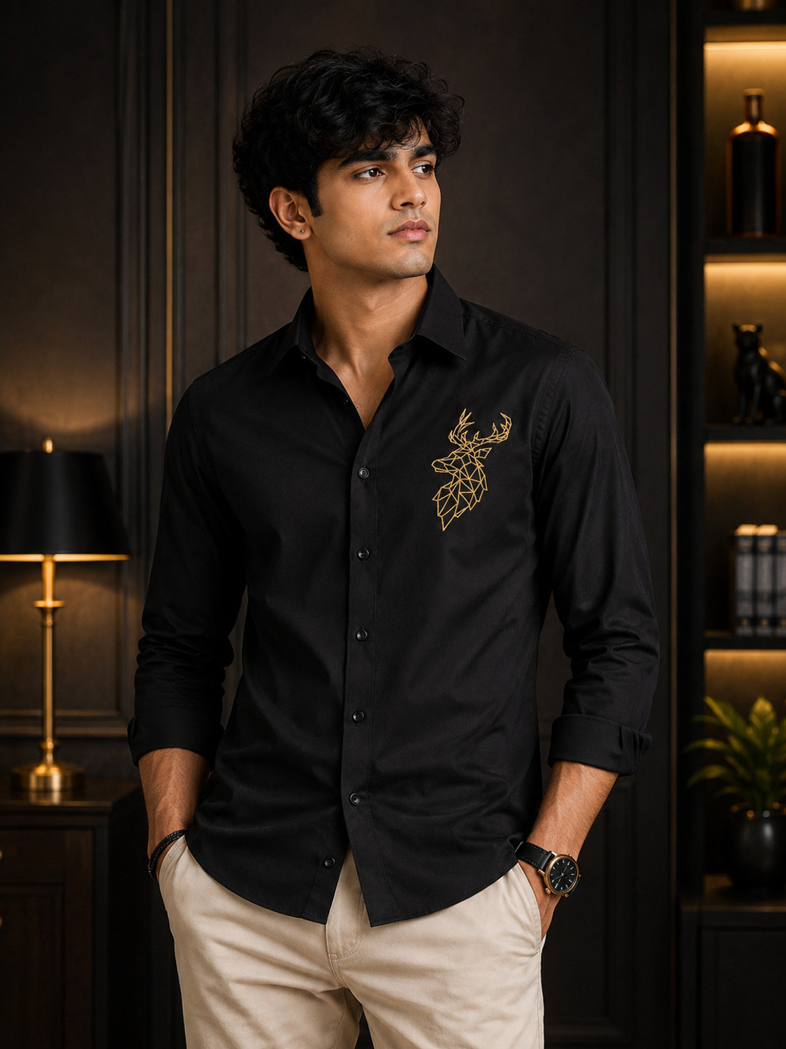 Image of METRONAUT Men Embroidered Casual Black Shirt