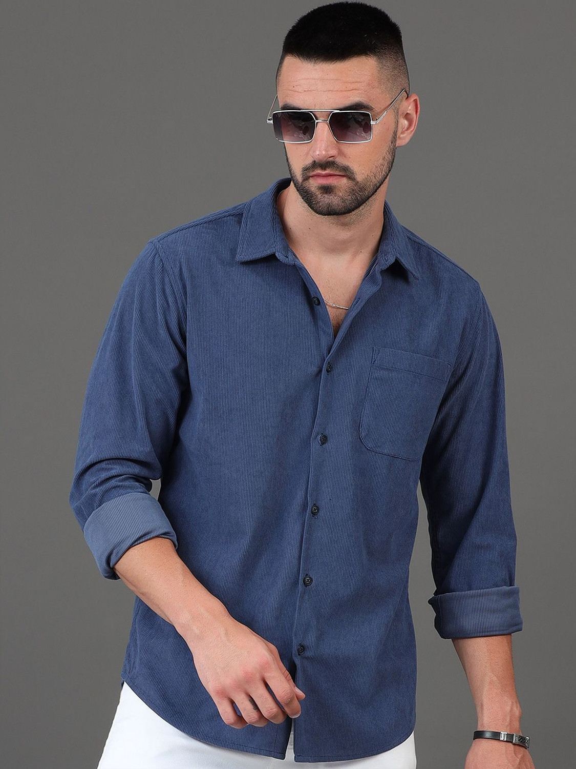 Image of HERE&NOW Men Solid Casual Blue Shirt