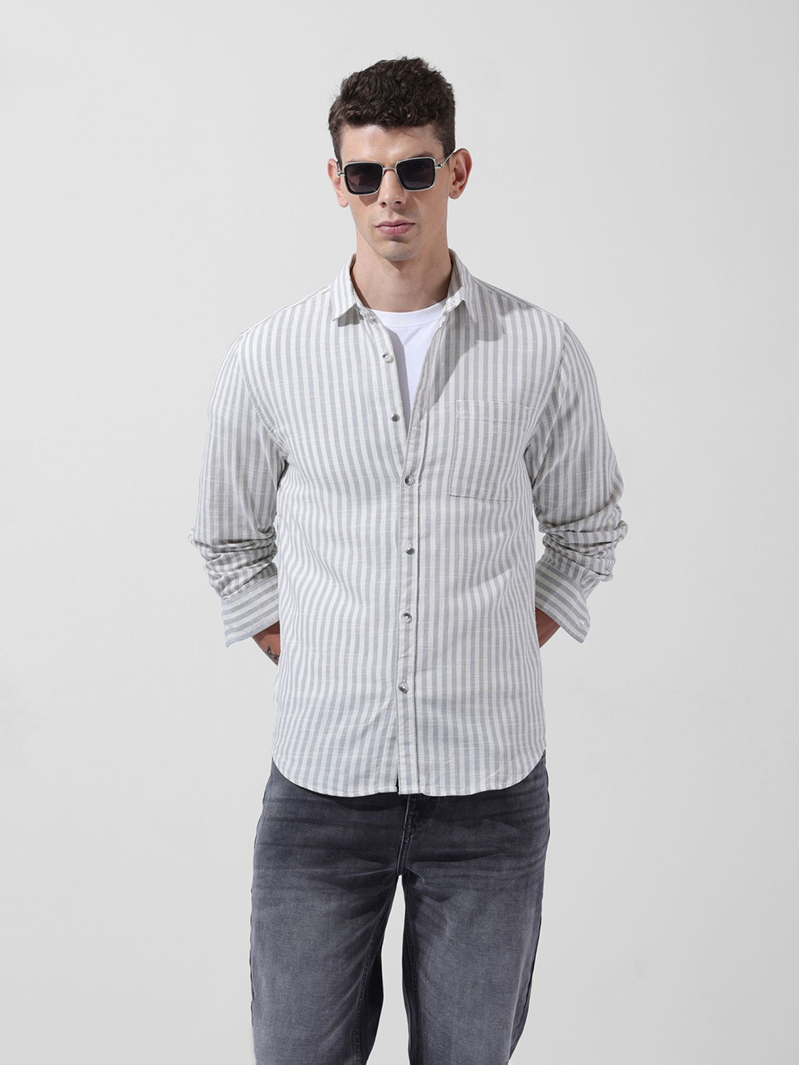 Image of The Indian Garage Co. Men Striped Casual Grey Shirt