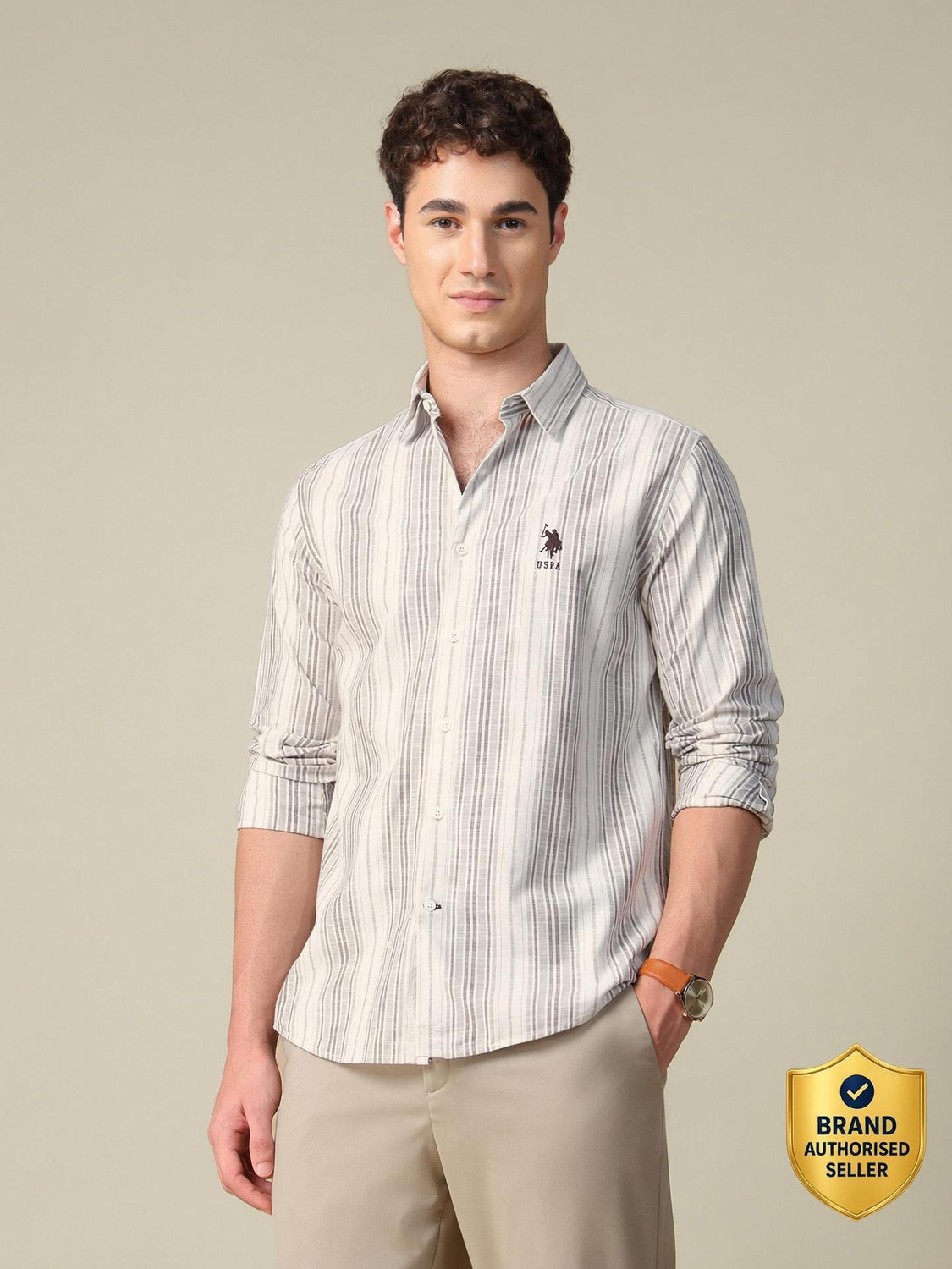 U.S. Polo Assn. Denim Co. Men Striped Casual Beige Shirt