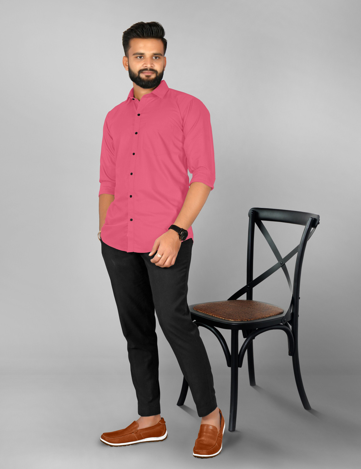Image of FIBERMILL Men Solid Formal Pink Shirt