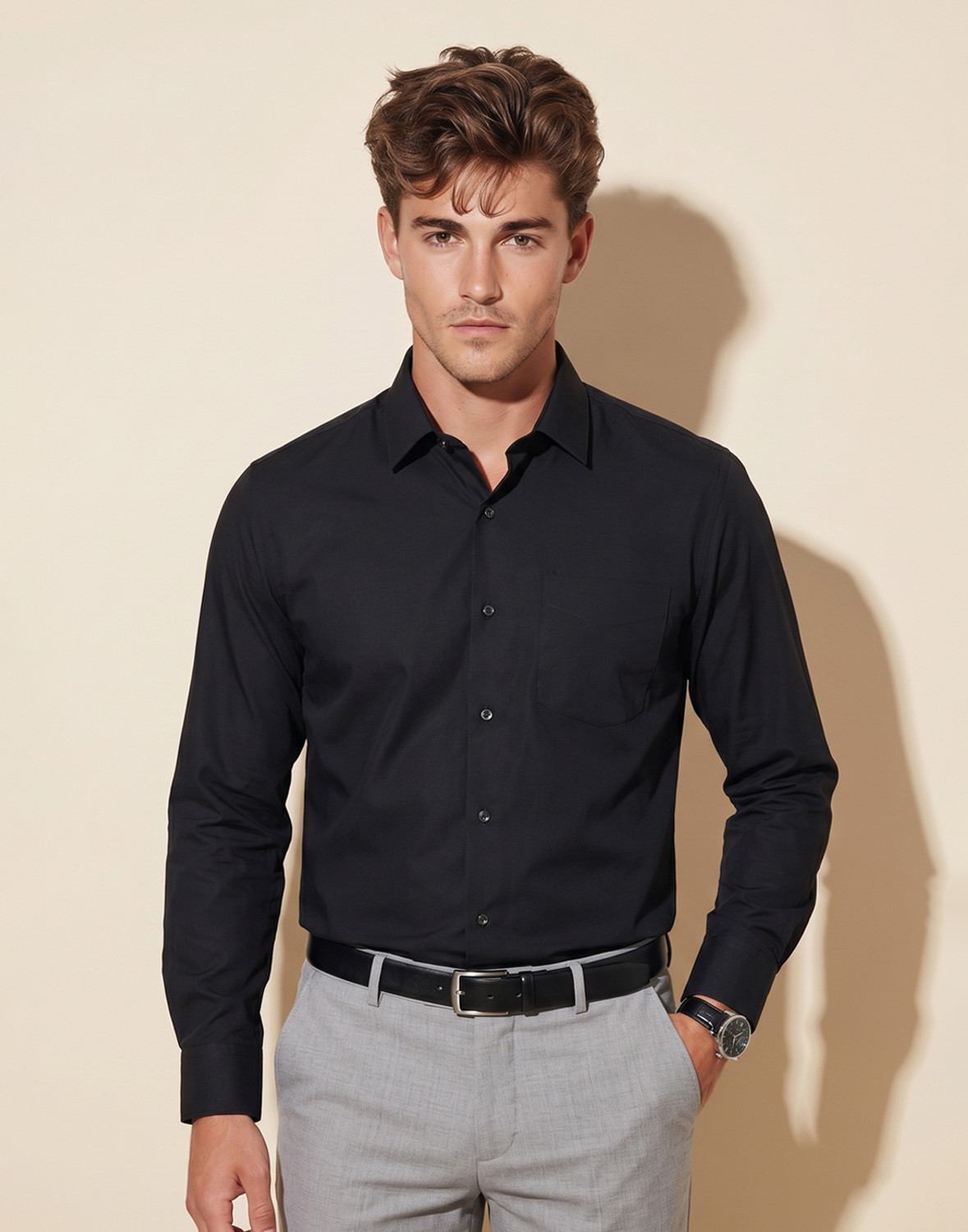 Image of PETER ENGLAND Men Solid Casual Black Shirt