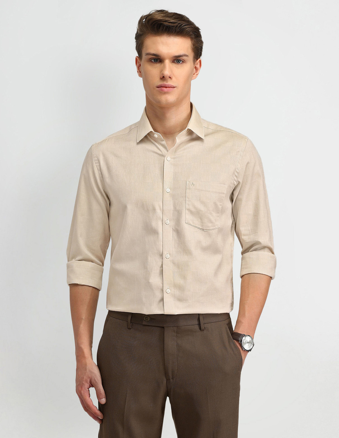 Image of ARROW Men Printed Formal Beige Shirt