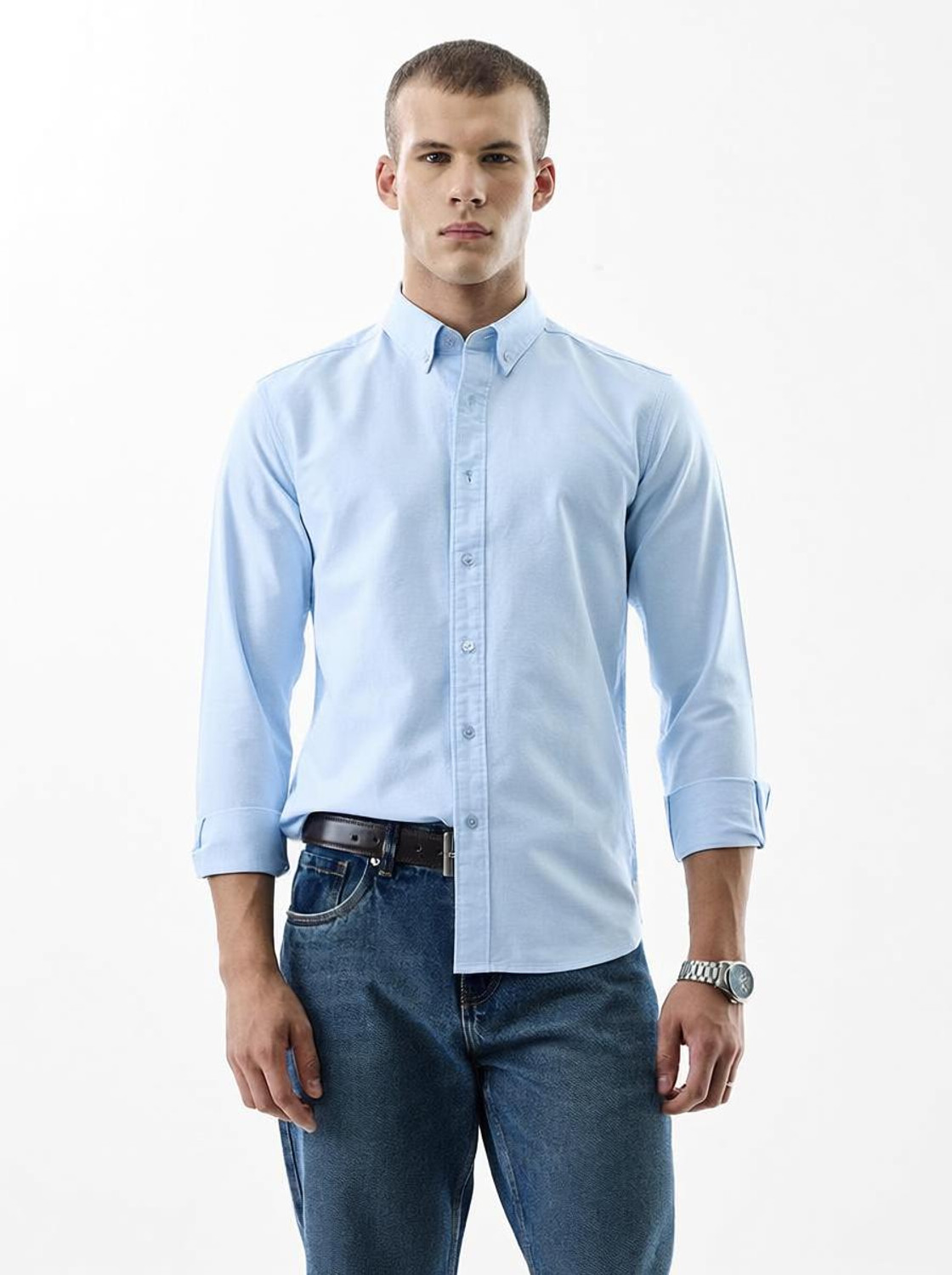 Image of Snitch Men Solid Casual Light Blue Shirt