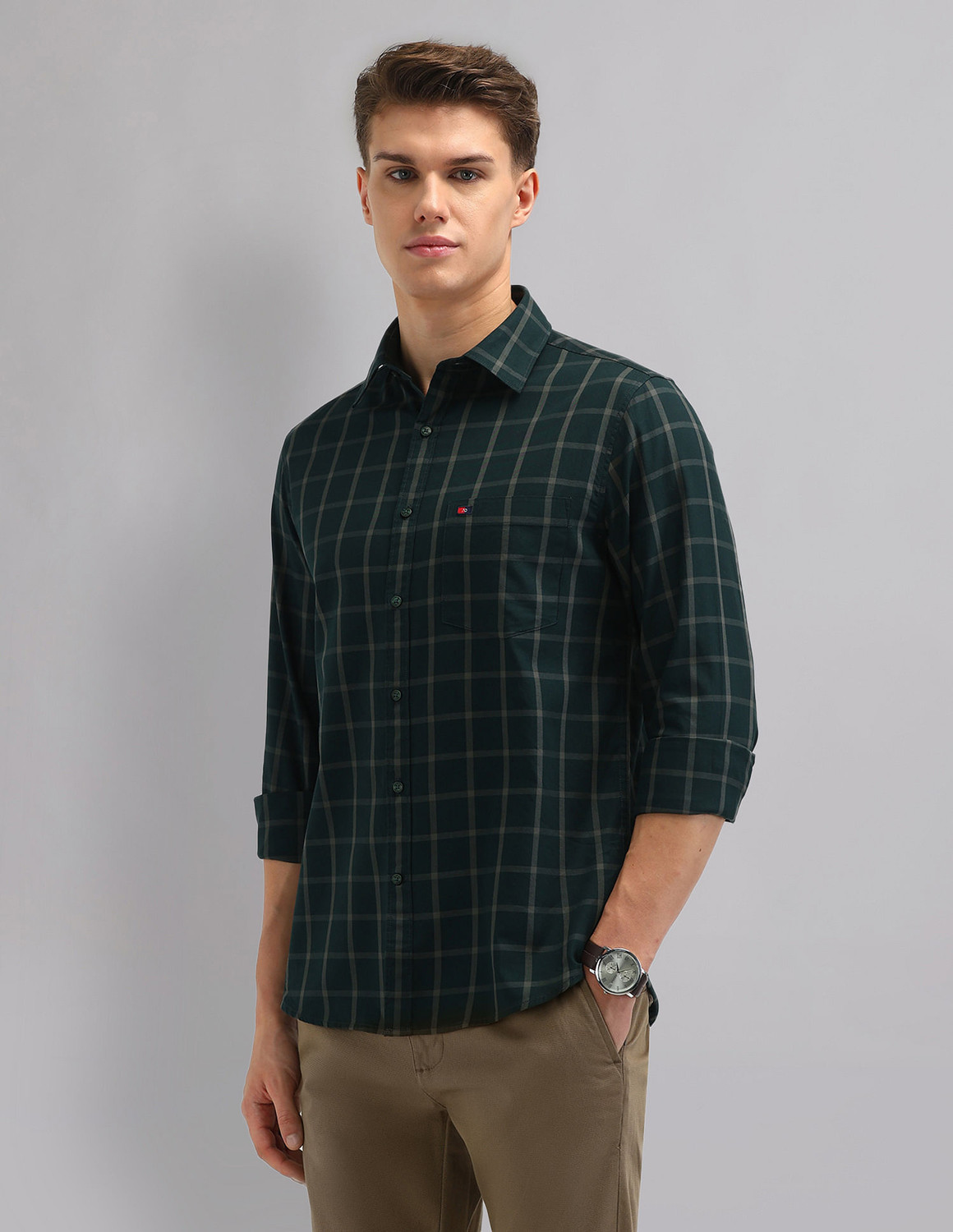 Image of AD by Arvind Men Checkered Casual Green Shirt