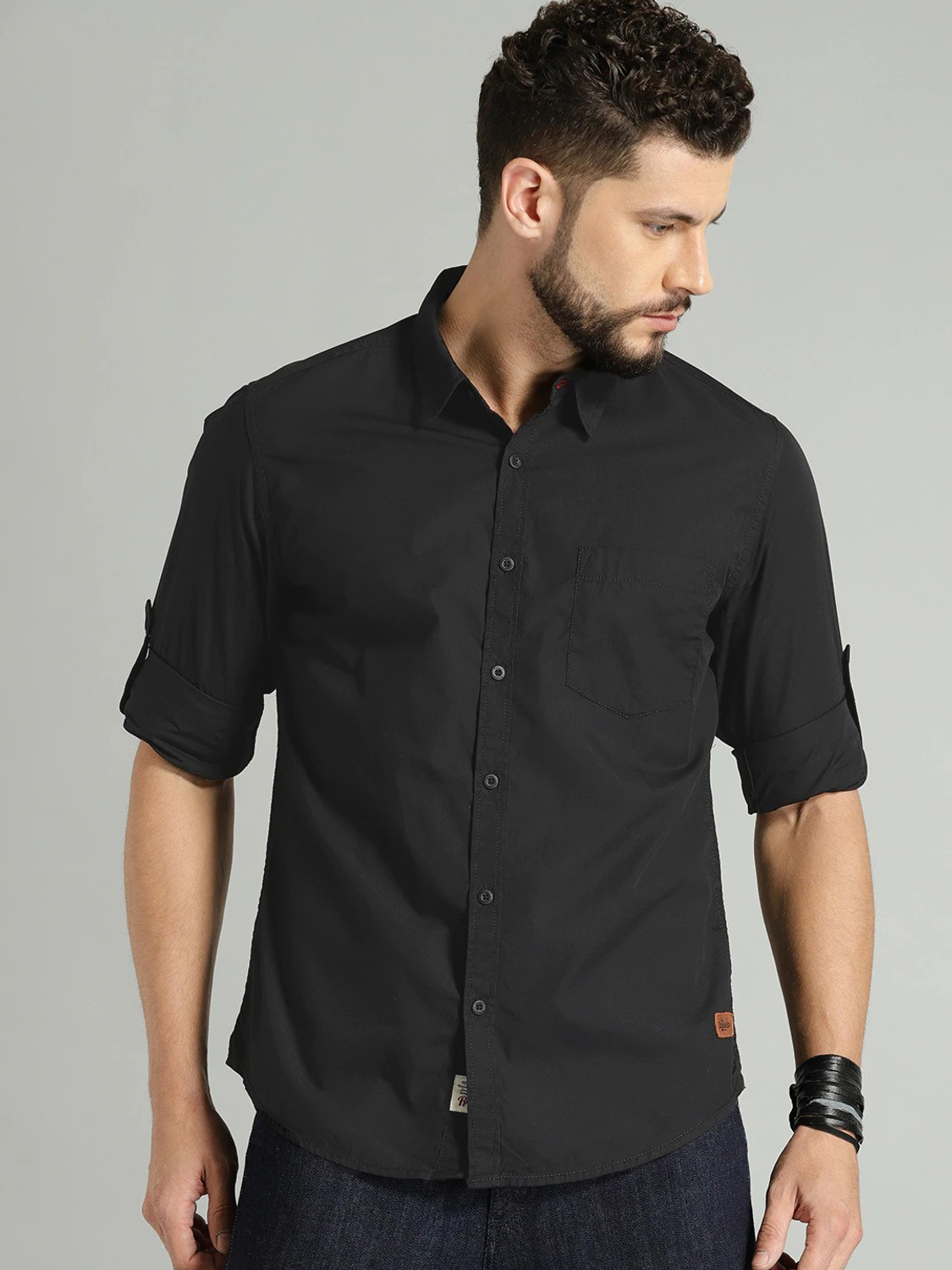 Image of Roadster Men Solid Casual Black Shirt