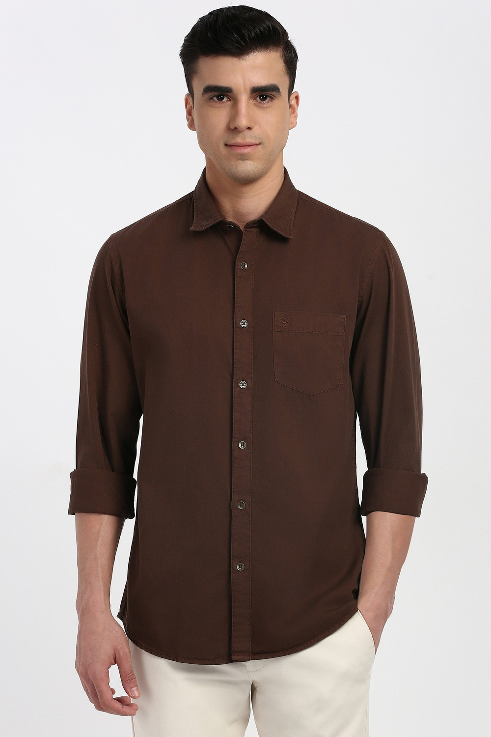 Image of PETER ENGLAND Men Solid Casual Brown Shirt