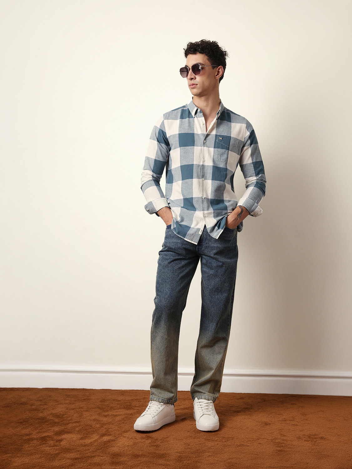 Image of THE BEAR HOUSE Men Checkered Casual Blue Shirt