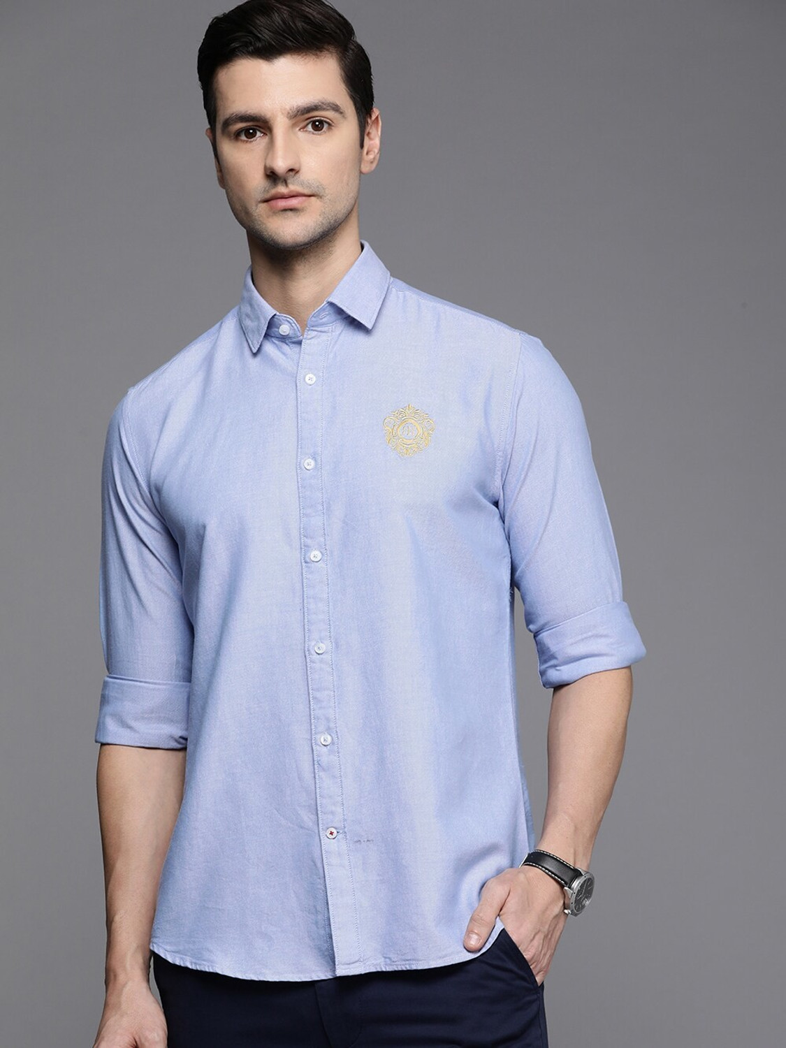 Image of Raymond Men Solid Casual Light Blue Shirt