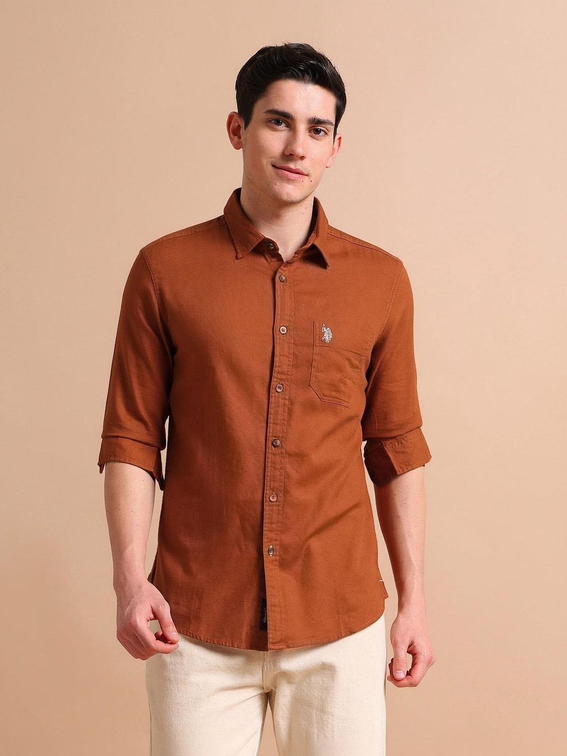 Image of U.S. POLO ASSN. Men Solid Casual Orange Shirt