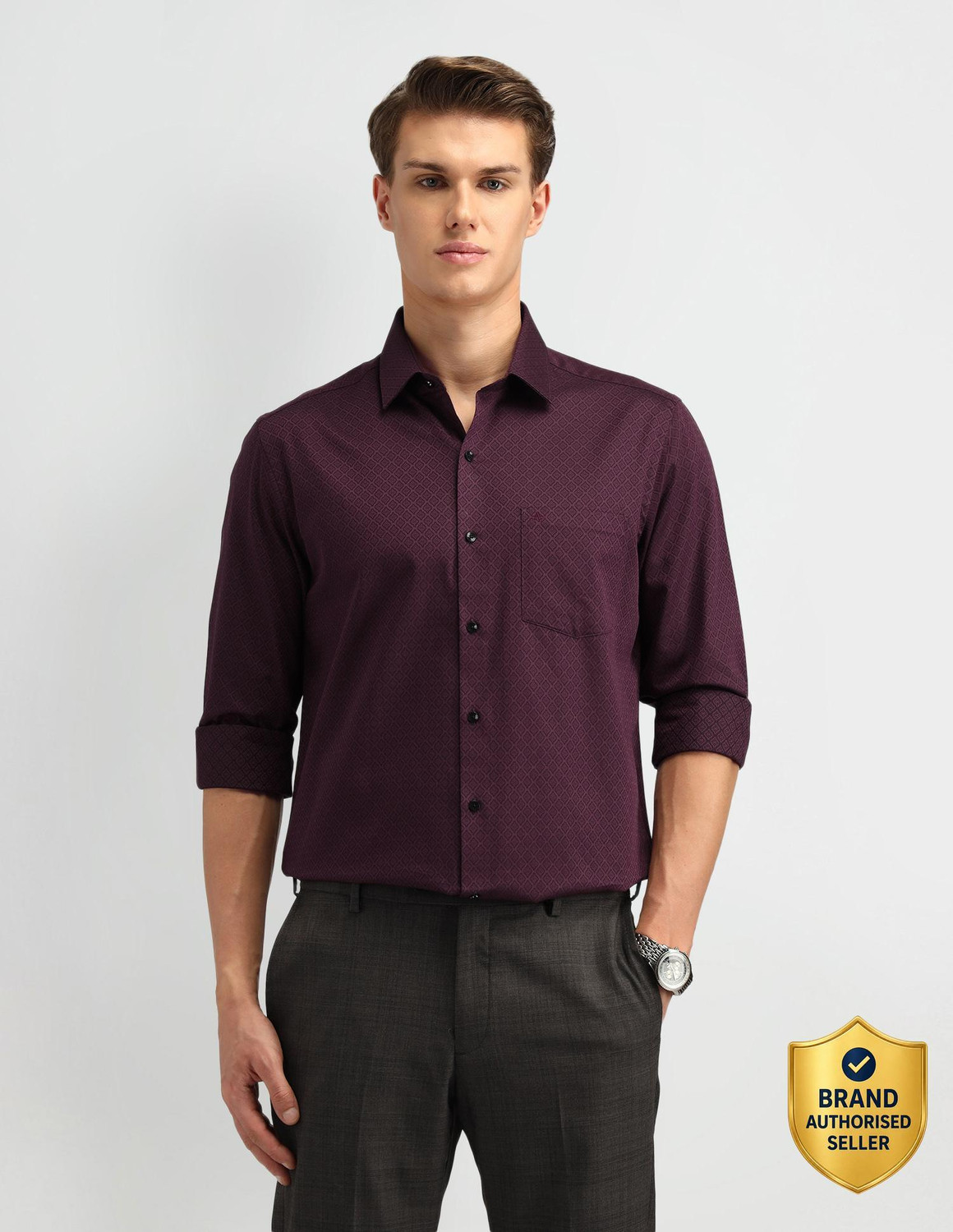 Image of ARROW Men Self Design Formal Maroon Shirt