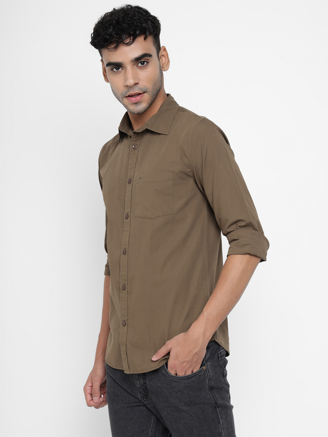 Image of Allen Cooper Men Solid Casual Brown Shirt