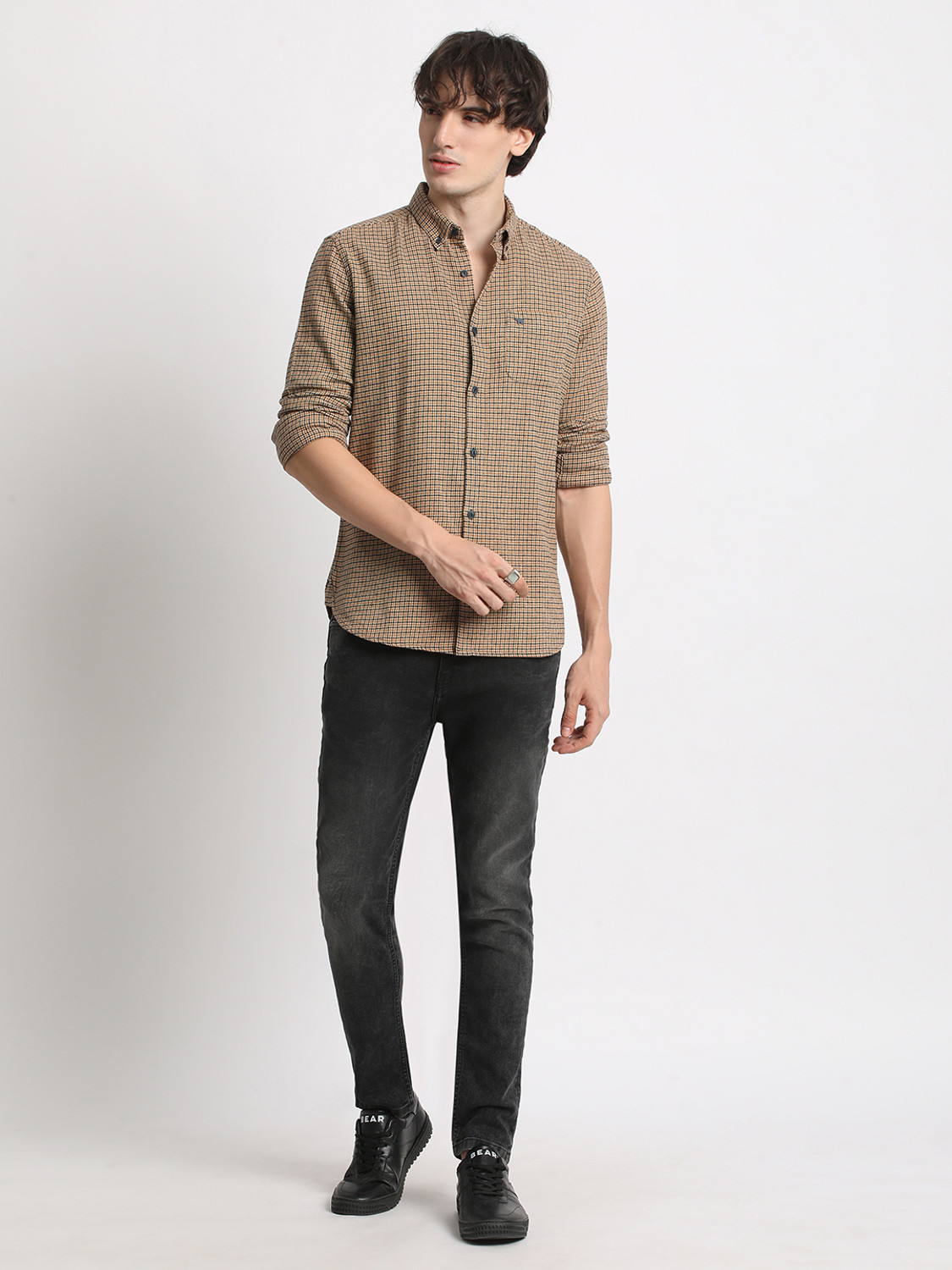 Image of THE BEAR HOUSE Men Checkered Casual Yellow Shirt