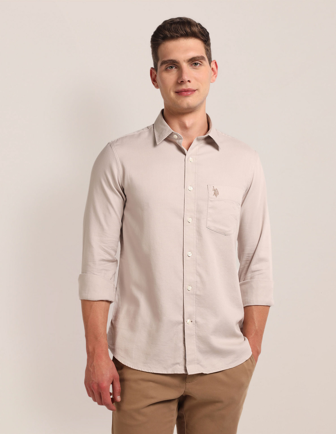 Image of U.S. POLO ASSN. Men Solid Casual Beige Shirt