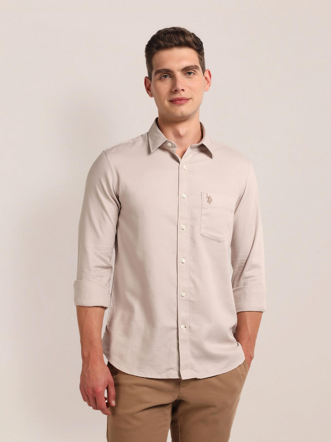 Image of U.S. POLO ASSN. Men Solid Casual Beige Shirt
