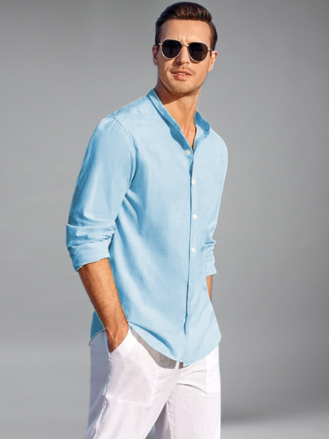 Image of Vashuqi Men Solid Casual Light Blue Shirt