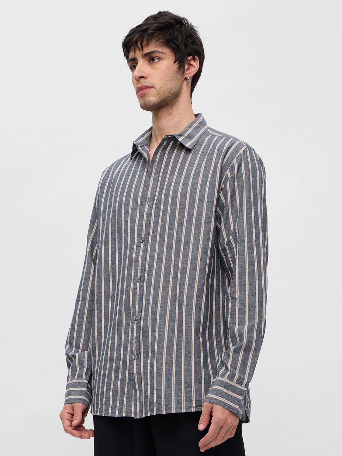 Image of The Souled Store Men Striped Casual Grey Shirt