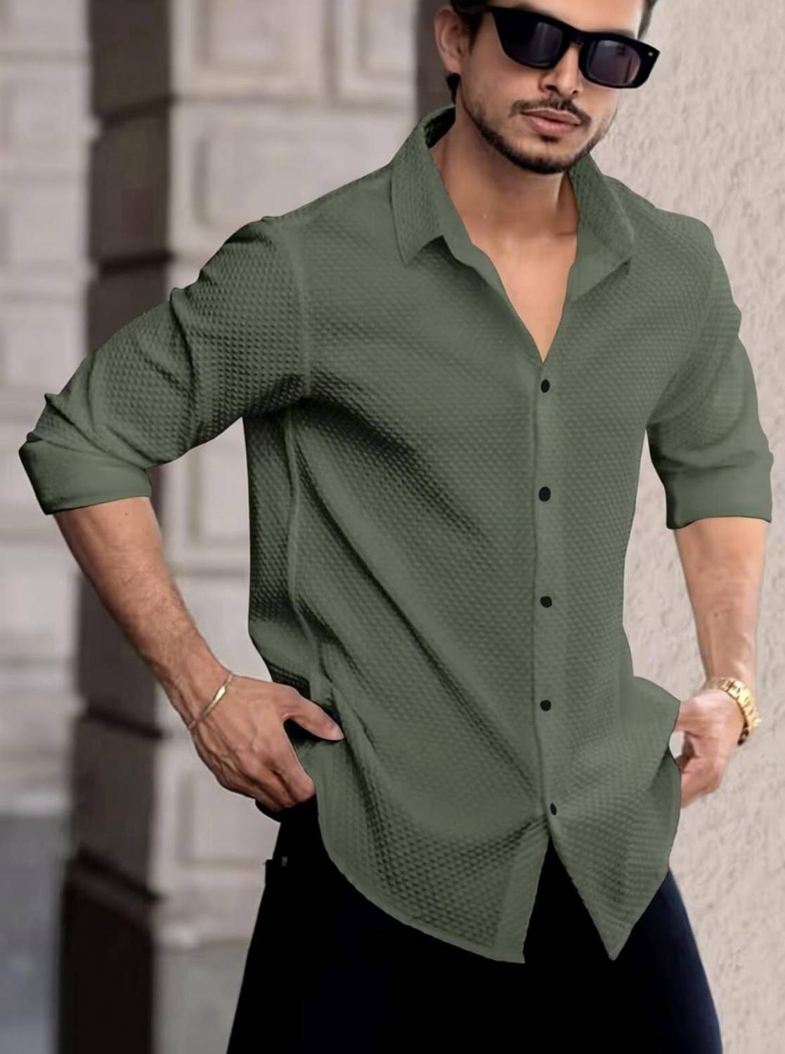 JACKBELLA Men Self Design Casual Green Shirt