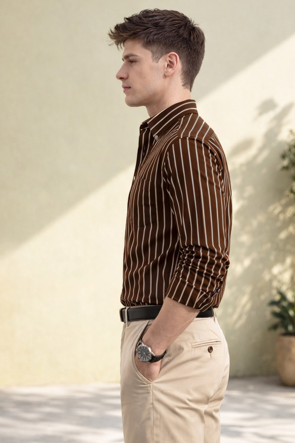Image of FUBAR Men Striped Casual Brown Shirt
