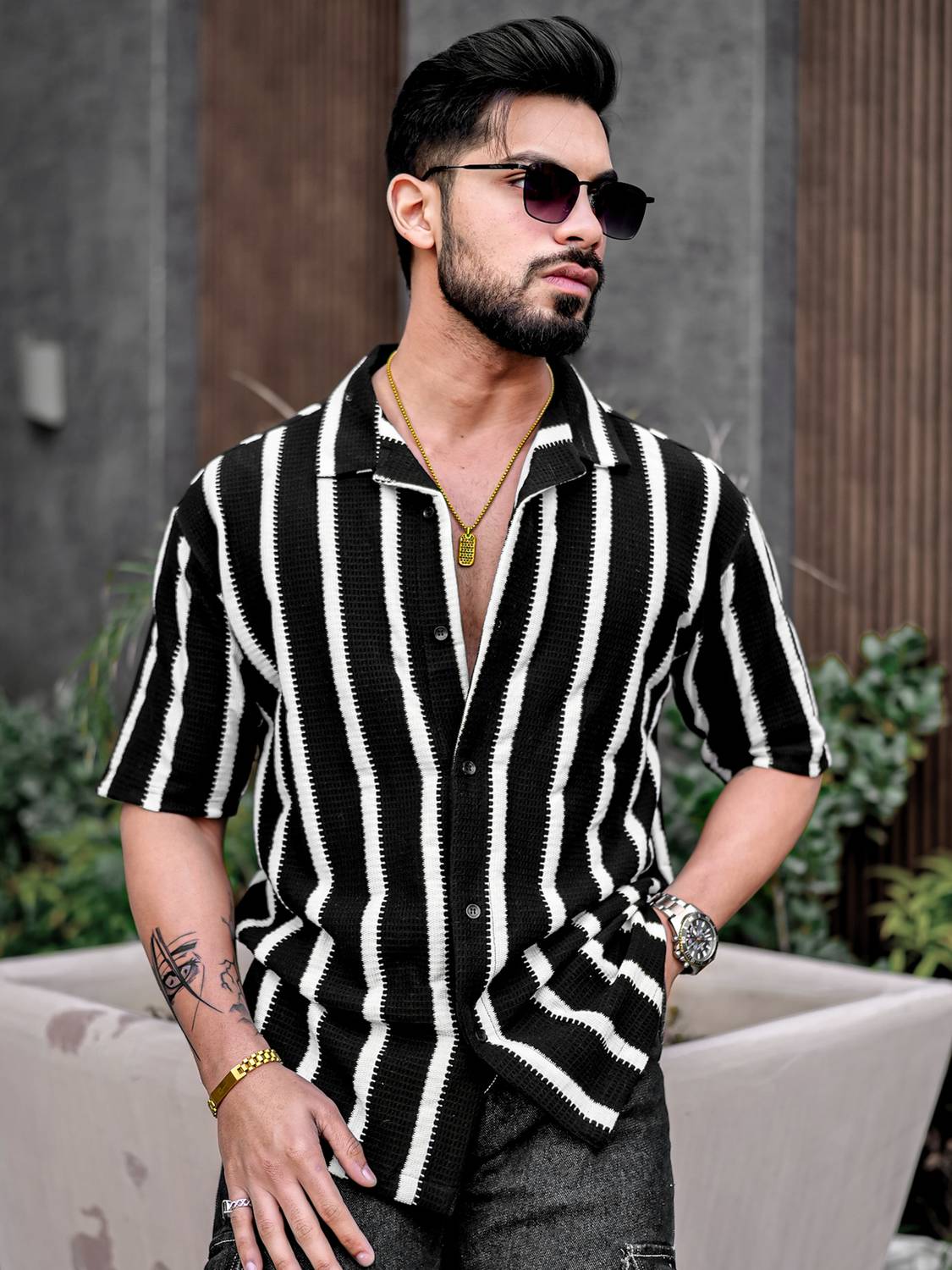 MANIAC Men Striped Casual Black, White Shirt