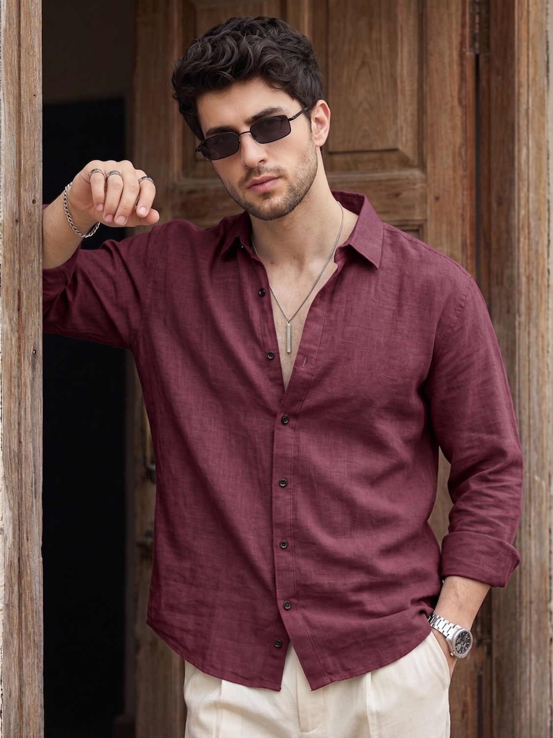 Image of STONEBERG Men Solid Formal Maroon Shirt