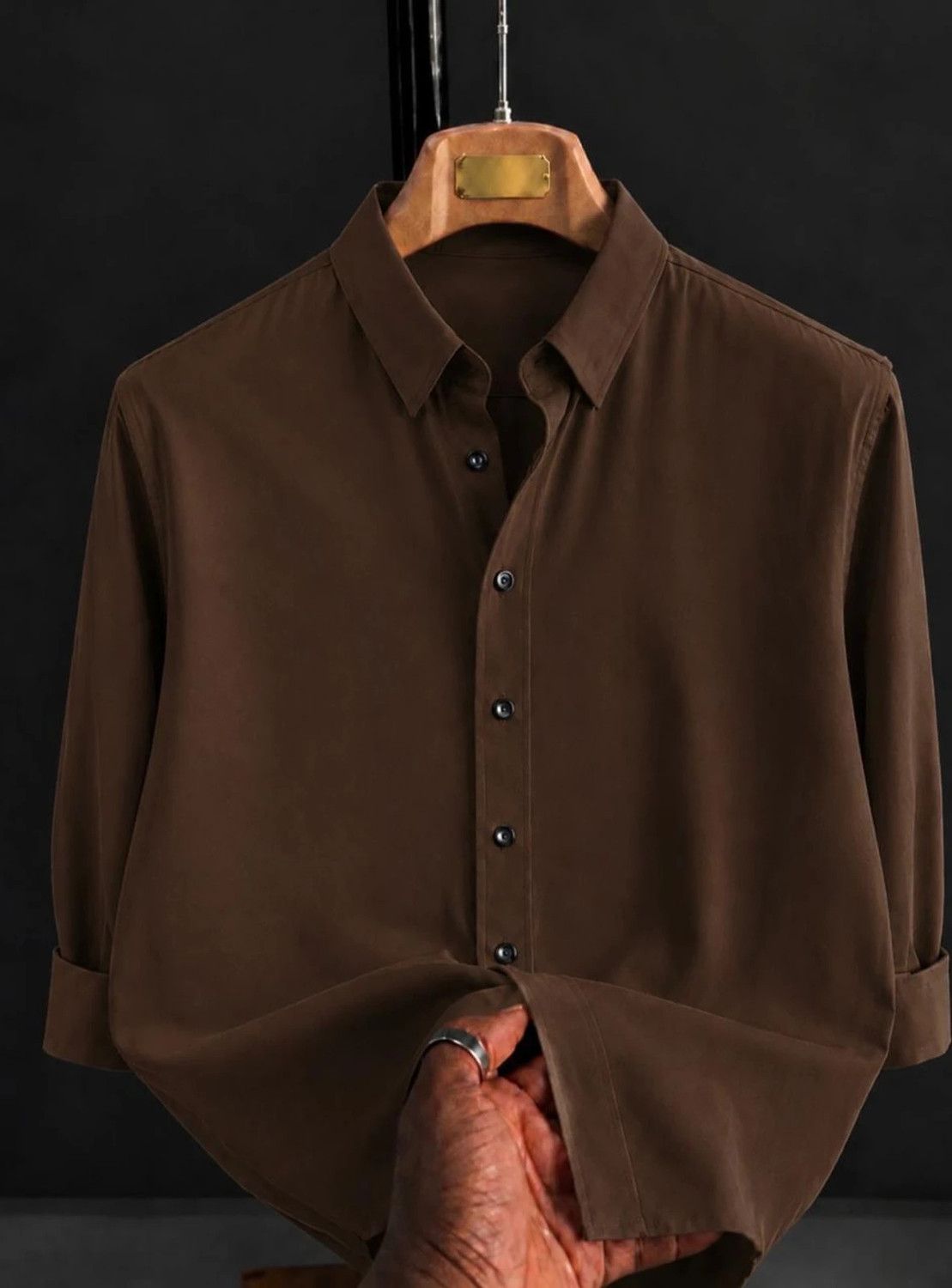 Image of Uiriuy Men Solid Casual Brown Shirt