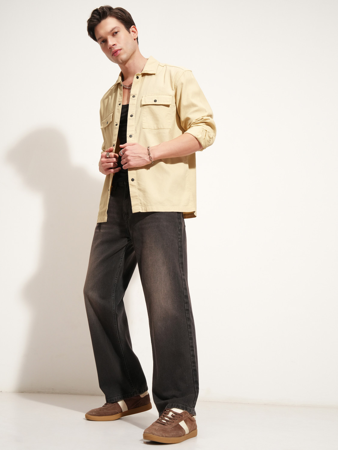 Image of HIGHLANDER Men Self Design Casual Beige Shirt