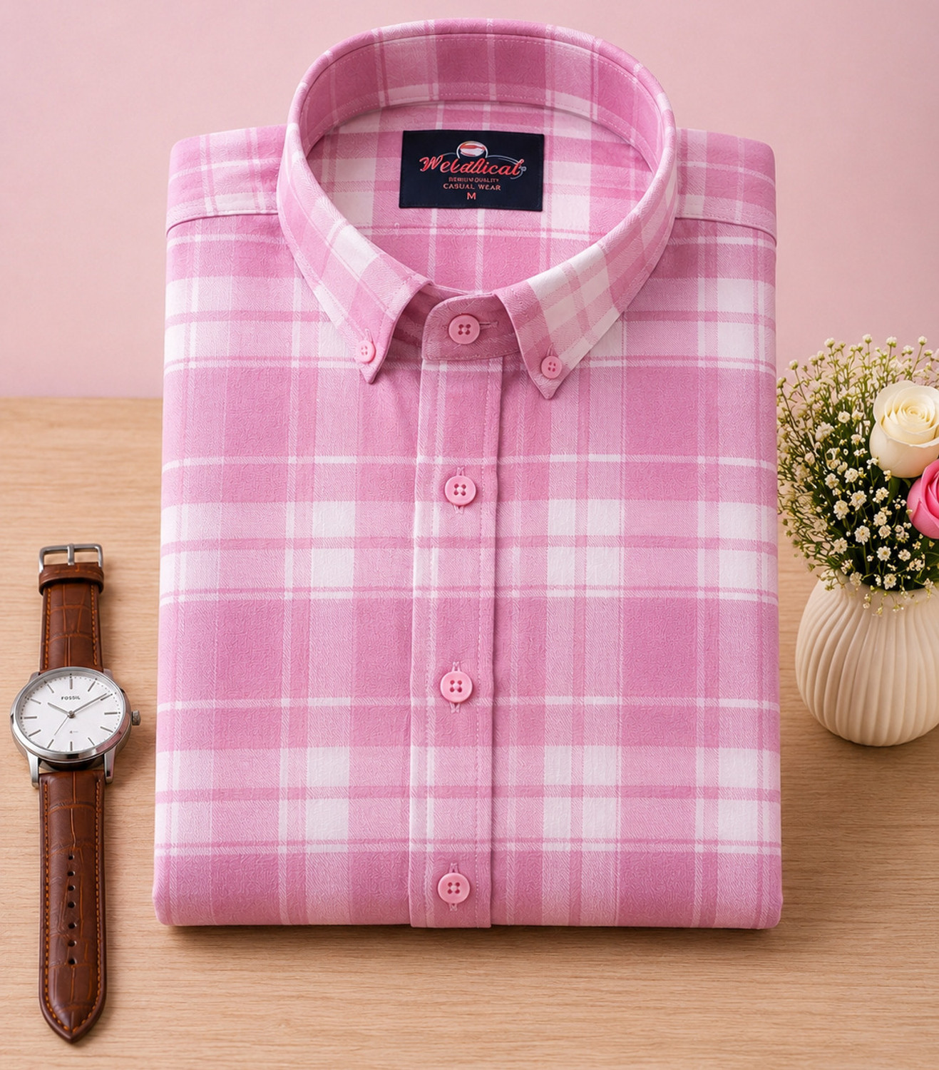 Image of Vellical Men Checkered Casual Pink Shirt