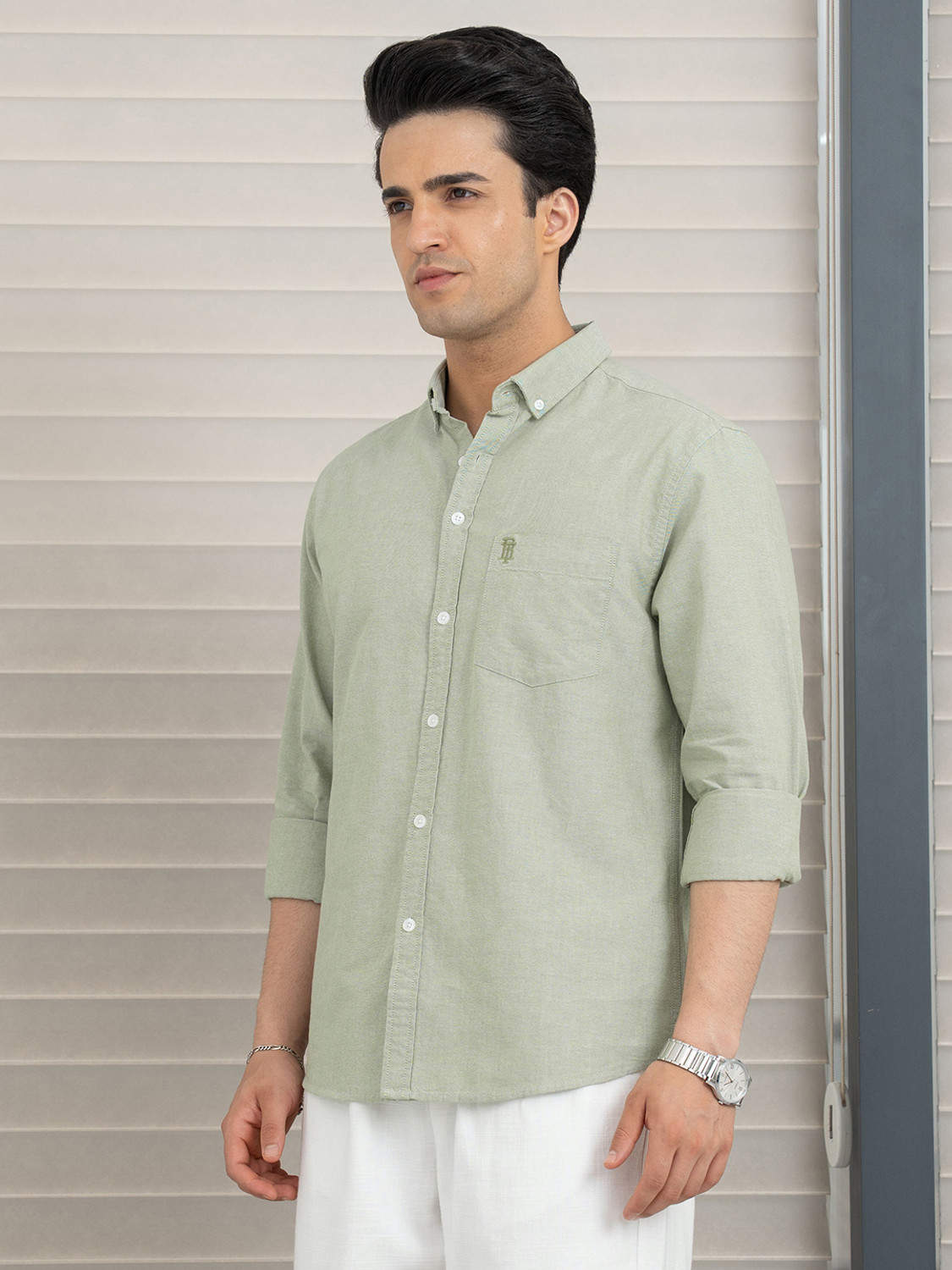 Image of RED TAPE Men Self Design Casual Green Shirt