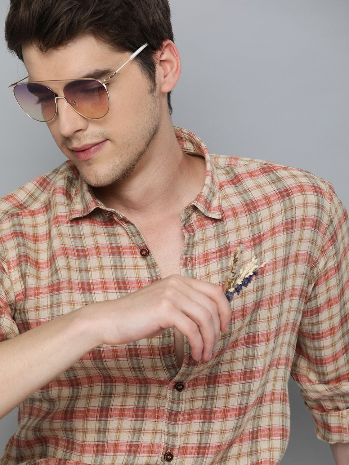 Image of Mast & Harbour Men Checkered Casual Beige Shirt