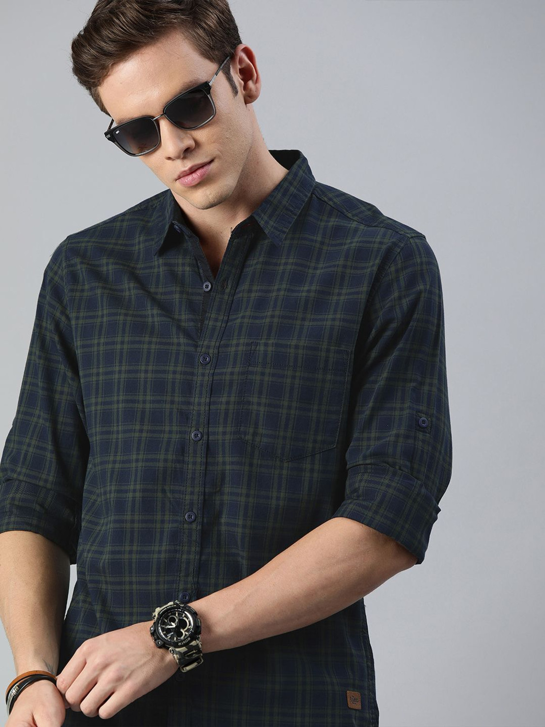 Image of Roadster Men Checkered Casual Dark Blue Shirt