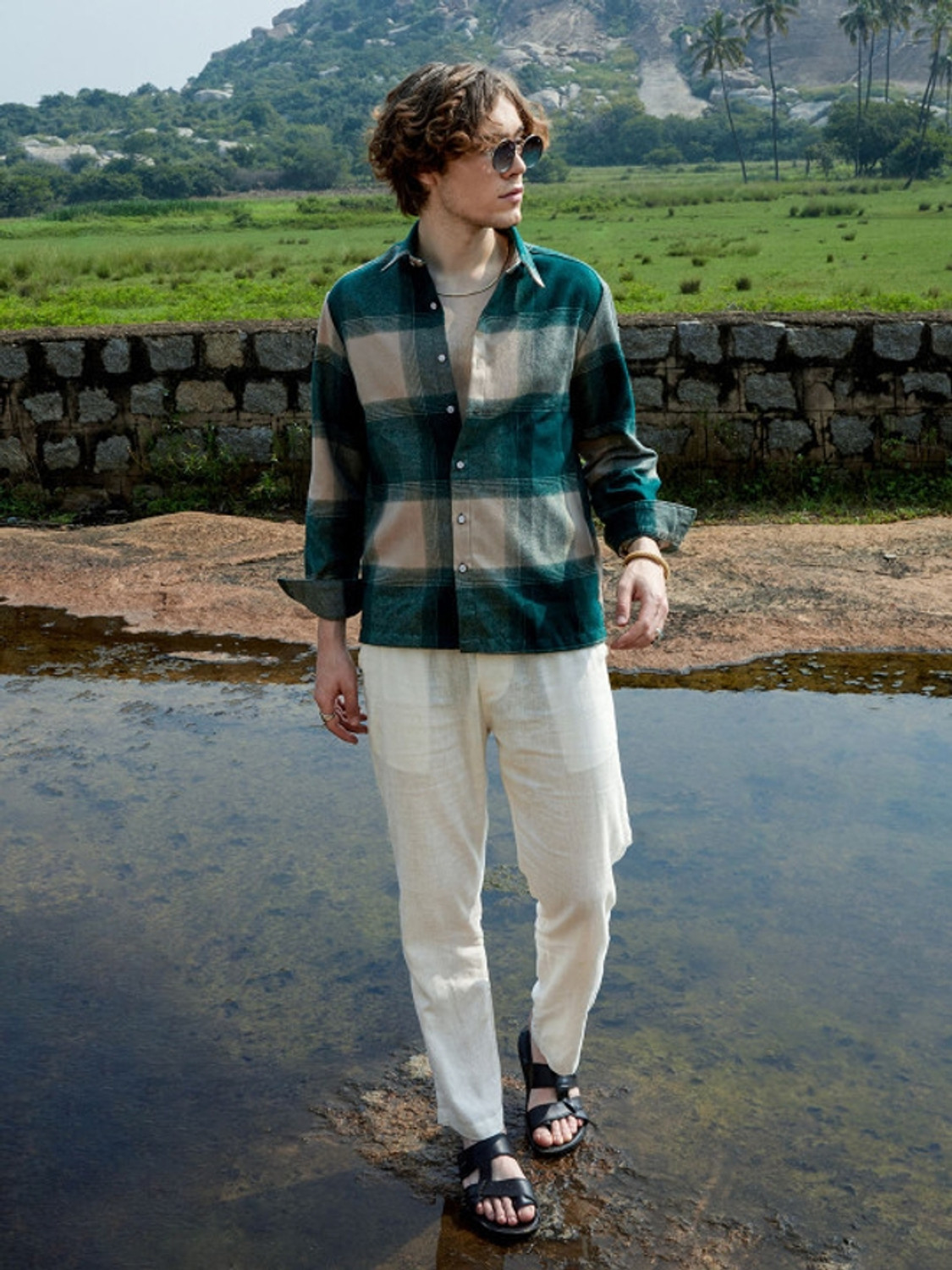 Image of BLEZZA Men Checkered Casual Dark Green, Beige Shirt