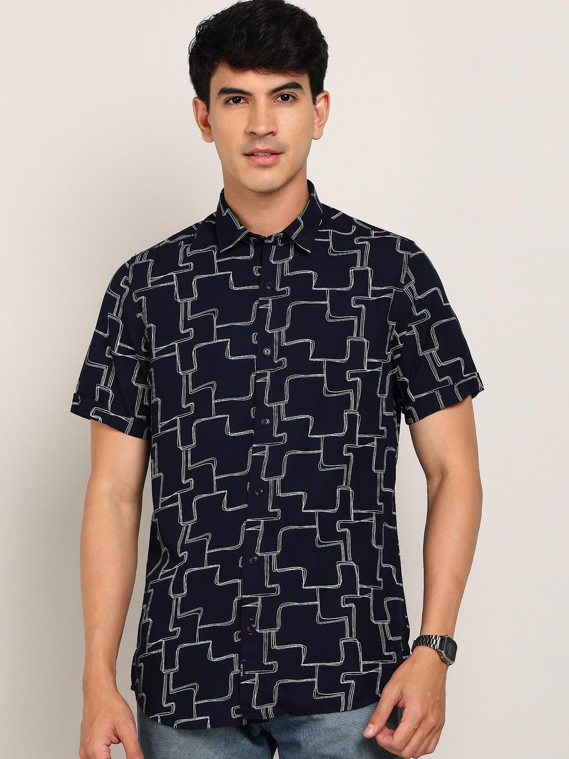 Image of KILLER Men Printed Casual Dark Blue Shirt