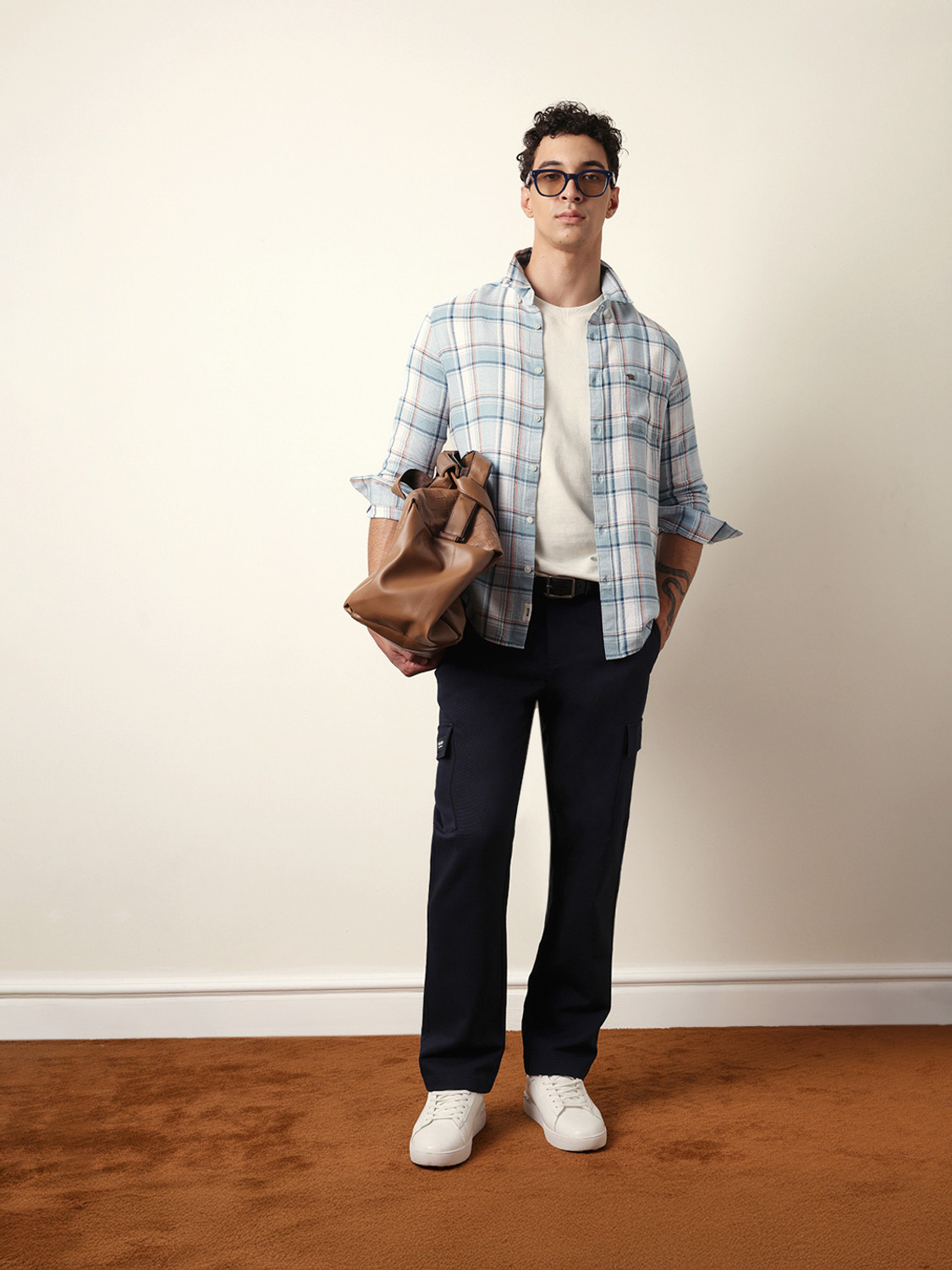 Image of THE BEAR HOUSE Men Checkered Casual Blue Shirt