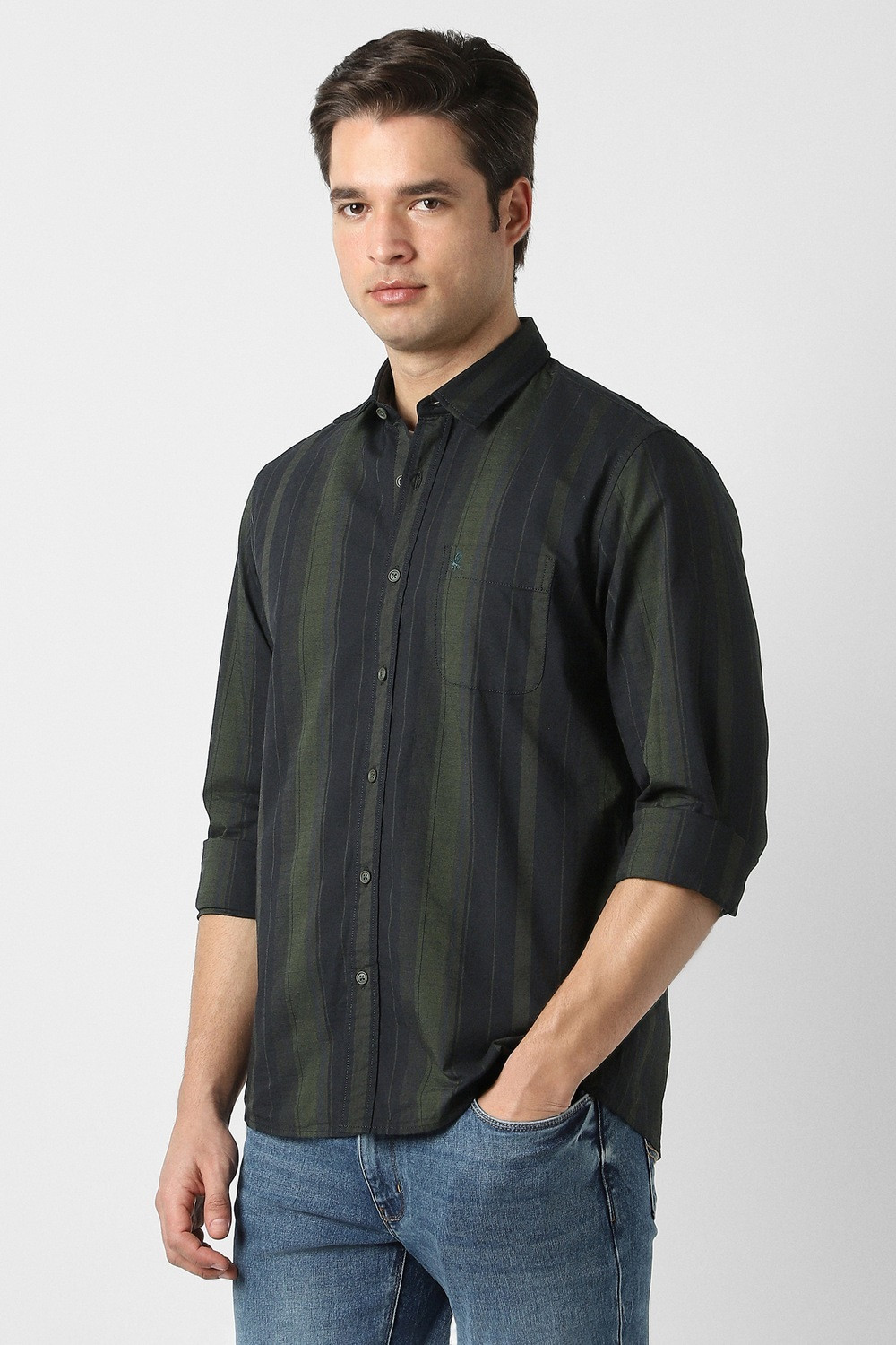 Image of PETER ENGLAND Men Striped Casual Green Shirt