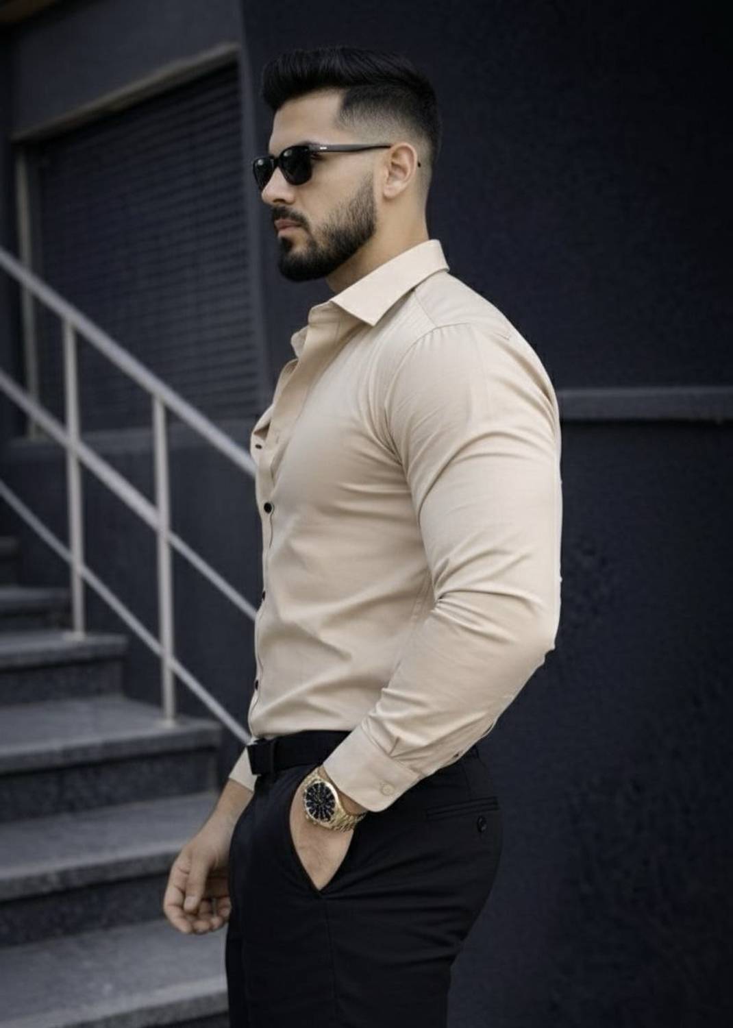 JCOSTA Men Solid Party Beige Shirt - Image 3